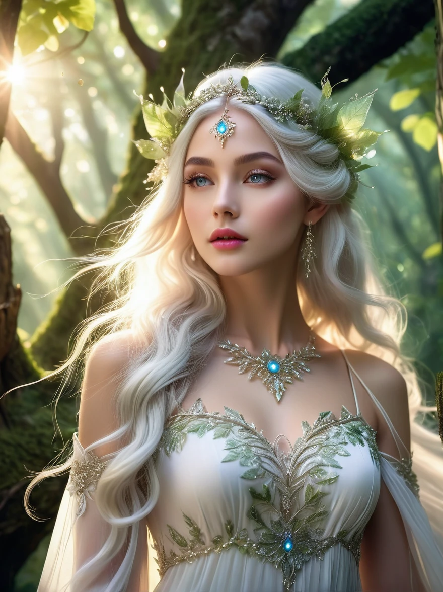 ethereal elf princess,extremely detailed eyes and face,long eyelashes,beautiful detailed lips, flowing white hair, wearing a stunning flowing dress made of delicate leaves and vines,standing in a luminous enchanted forest, glowing magical aura, intricate floral patterns, surrounded by ancient trees,soft dreamy lighting,mystical atmosphere, rays of sunlight filtering through the dense canopy,vivid colors,tiny glowing fireflies, eco-friendly attire,slender elegant frame