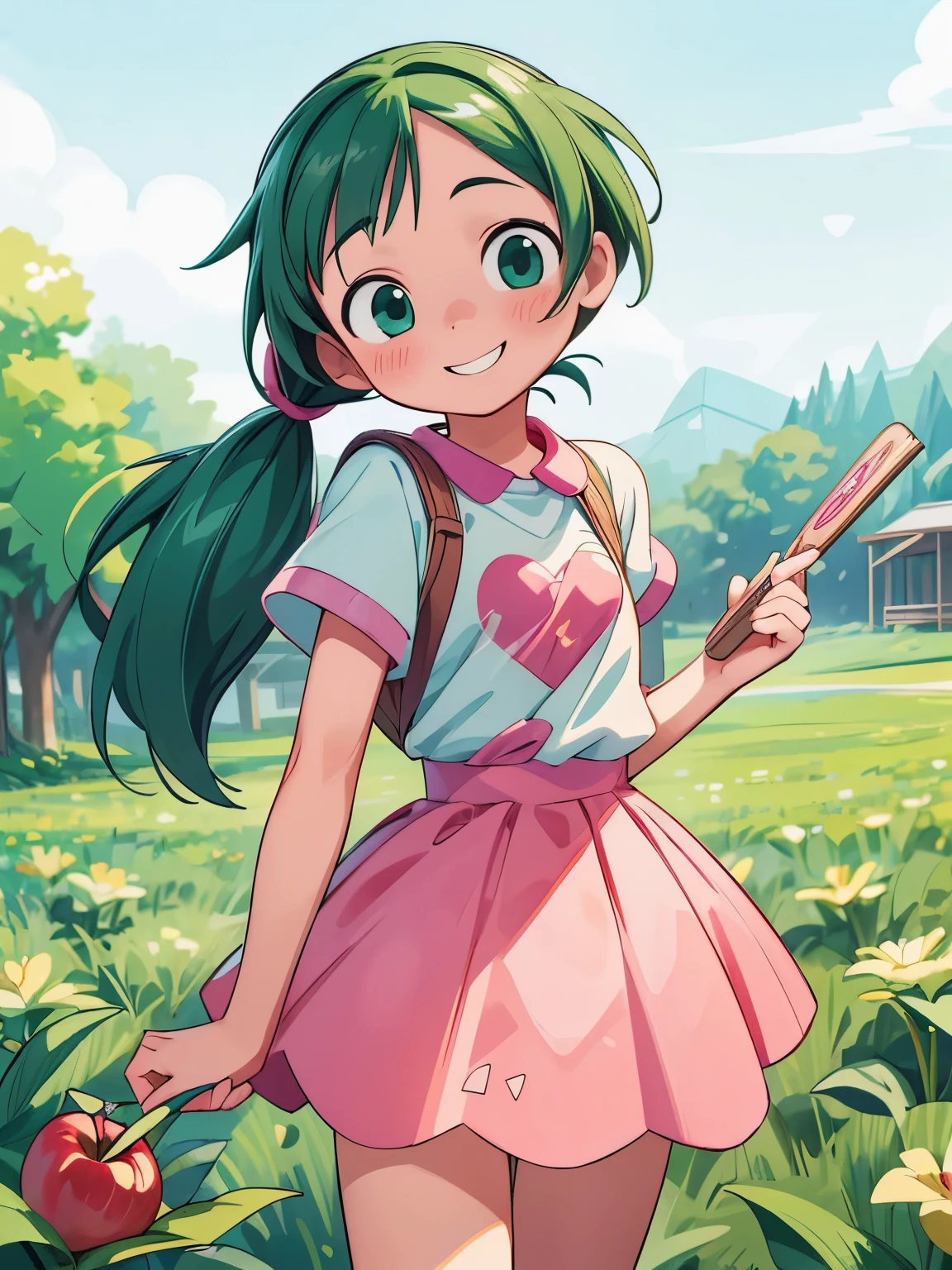 (masterpiece、highest quality、highest quality、Official Art、Beautiful and beautiful:1.2)、(One girl:1.3)Hatsune Miku、Twin tails,Big Breasts,(highest quality, ),cute Kindergartener,Small breasts, Apple Magazine Cover,Cover photo,The girl who captures my heart,Apple Town Background, Girl with apple,Apple print clothes, 18+, Browsing Caution,Girls get, 16 years old, wonderful, cute, smile, audience, article, shape, advertisement, Magazine Title, Yuri \(Pokemon\),リンゴのCMのadvertisement, Are standing, Cowboy Shot, Looking at the audience, Green Eyes, smile, V Arm,