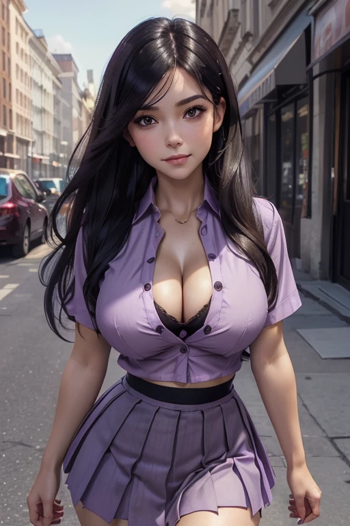 (masterpiece), best quality, expressive eyes, perfect face, (city background), (shy), (smirk), (cleavage view), (1girl, age 18+, belle delphine, fair skin, black hair, long straight hair with bangs, flat hairstyle, hair over one eye, brown eyes, hourglass figure, thin body, skinny body, petite_body, large breasts, huge breasts, oppai, large cleavage, wide hips, thick thighs), ((light_purple button shirt), exposed cleavage, croptop, short sleeve, (pleated skirt)), bmb-fc,