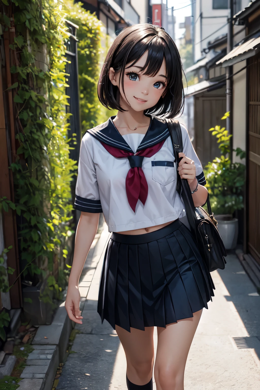 very cute and beautiful girl,(highly detailed beautiful face and eyes),(smile:1.2),blush,looking at viewer,
black hair,serafuku,(pleated navyblue mini skirt),standing,holding school bag,
narrow alley in tokyo,stone wall in front of modern building,trees,shrubbery,
(best quality,masterpiece),absurdres,highres,ultra-detailed,extremely detailed,32k,8k resolution,
intricate details,cinematic scene,detailed background,solo,dynamic angle,