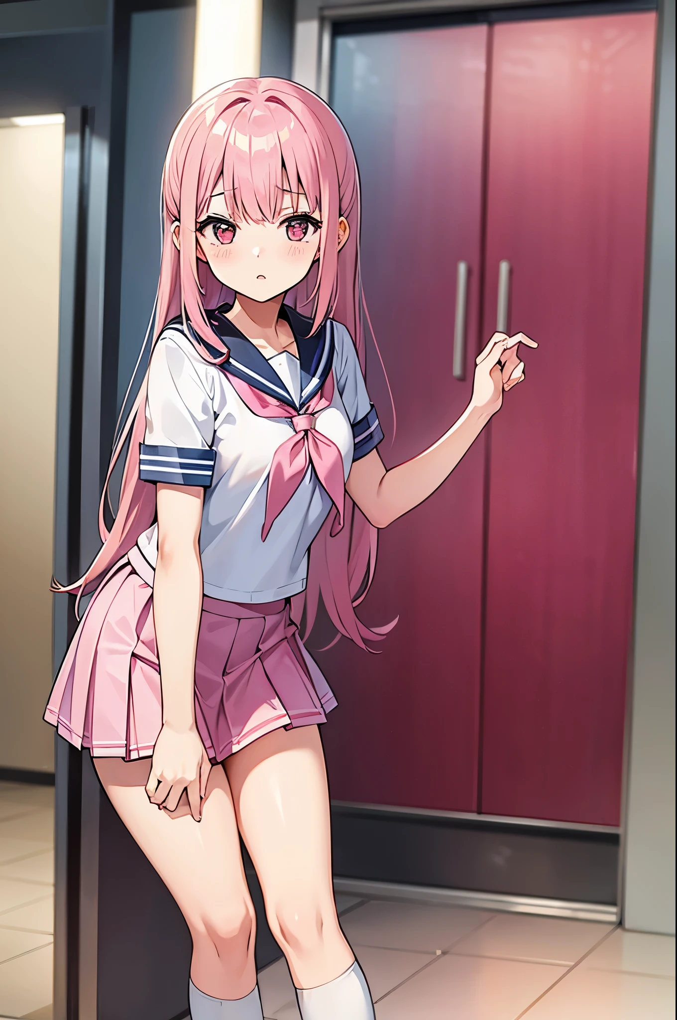 Sick pink haired high school girl in sailor suit in a miniskirt with punny punis in the infirmary