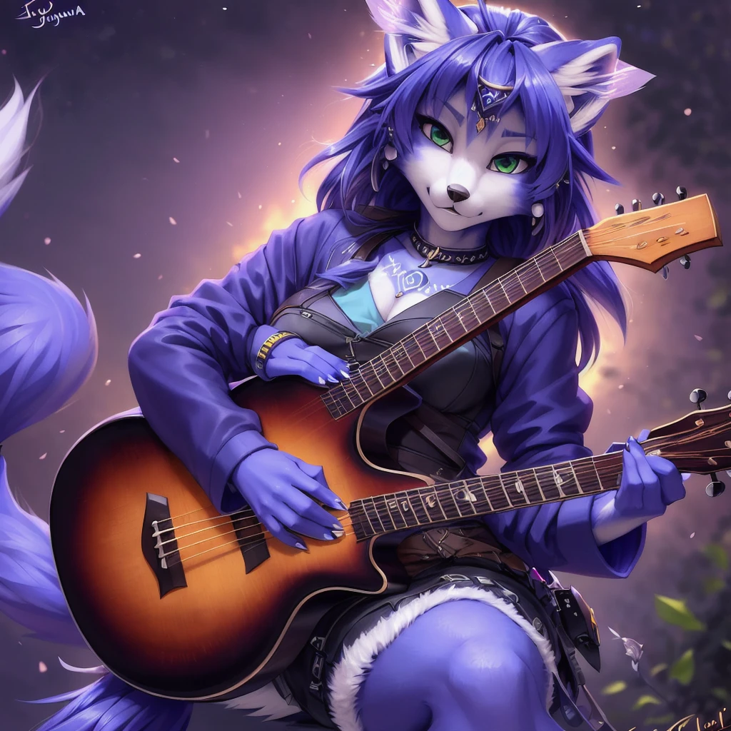 A beautiful and detailed (sweet portrait) von ((Krystal)), Sternenfuchs Krystal, Schlank, liebenswert, green eyes, medium breasts, (((Lange blaue Haare 1.3))),  ((schwarze haarspitzen)), Dekollete, Grinsen, hoch schauen,, anthro, Pelzig, Hochgeladen E621, detailed flauschige fur, (von Fluff-Kevlar, Bayard Wu, Personalami, Pino Daeni), detailliertes Gesicht, (flauschige), 1 girl, Allein, wears a Gakuran , befindet sich in einer schule, spielt gitarre, solo