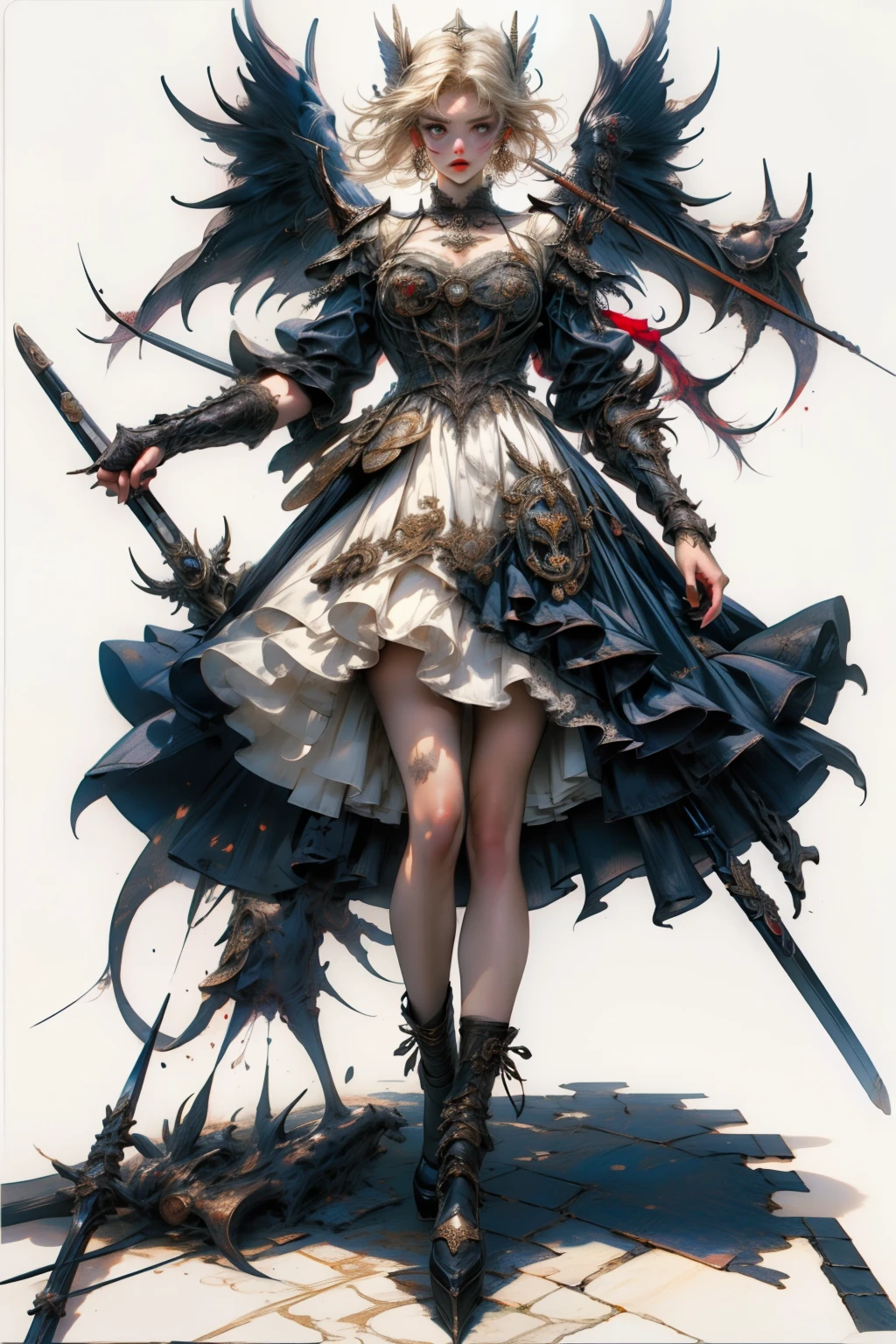 ((best quality)), ((masterpiece)), (detailed), blank white background, plain background, white background, Bloodborne inspired, occult aesthetic, occult, detailed and intricate steampunk and detailed gothic, NSFW, Very dramatic and cinematic lighting, cosmic horror, grim-dark, side-lighting, perfect face, a beaituful goddess valkyrie adorned and enshrined in armour, Bloodborne inspired valkyrie, occult aesthetic valkyrie, occult valkyrie, detailed and intricate steampunk and detailed gothic valkyrie, wielding a sword and holding a shield, NSFW, Fluttering lace flared long knee length dress with frilly petticoats, knee length dress, pleated petticoats, lolita dress, petticoats gothic lolita, side-lighting, gothic lolita aesthetic, beautiful small breasts, small breasts, full body, whole body, body, plain background, white background, blank background, no background, white background NSFW, full body, whole body, head-to-toe