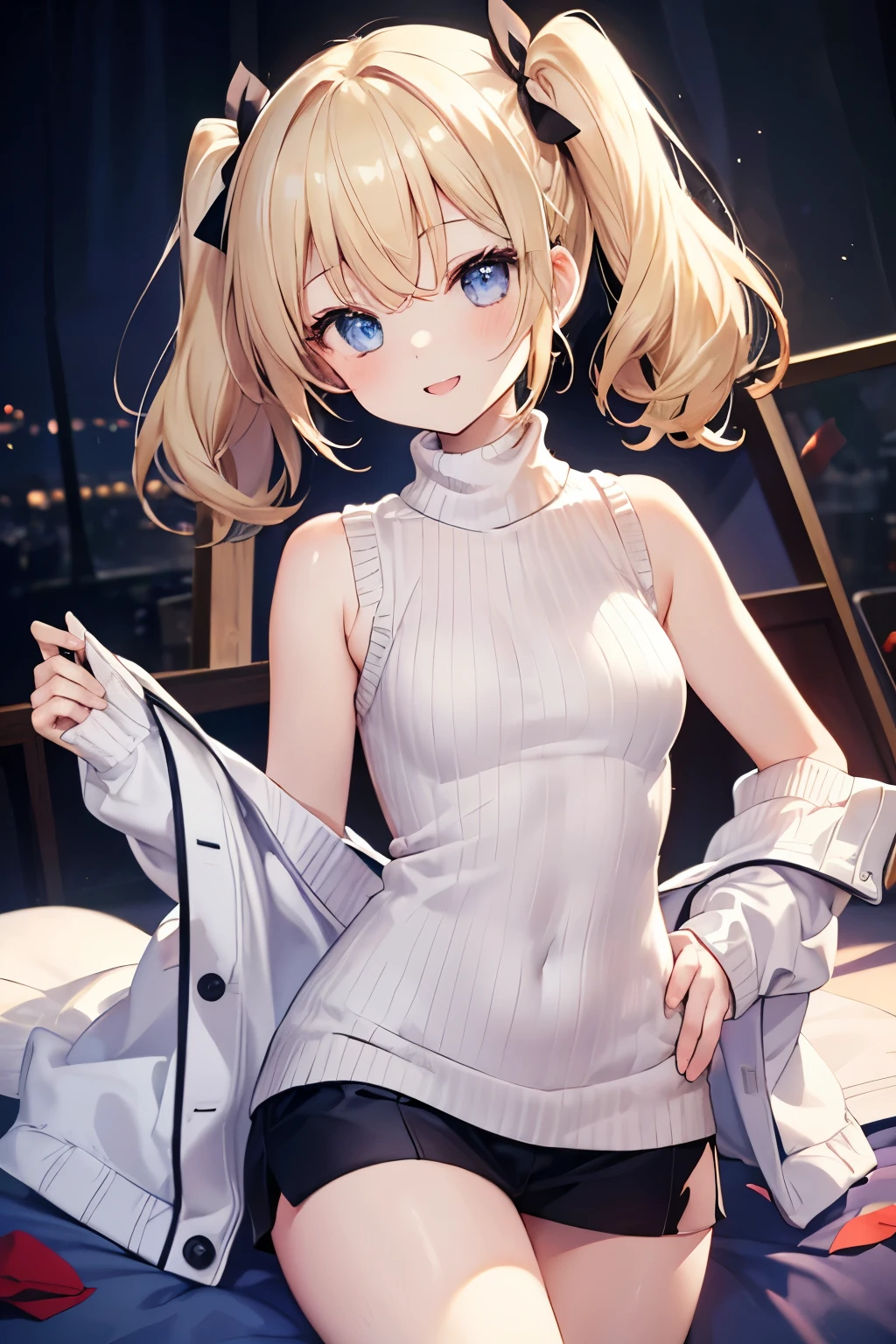 Blonde、blue eyes、girl、Small breasts、Twin tails、girl、Small breasts、Lolita、Bright smile、Looks about 15 years old、Petan Musume、short、目のhighlight、Sexy thighs、(length, High neck, Sleeveless sweater:1.3)、Your eyes are so beautiful、highlight