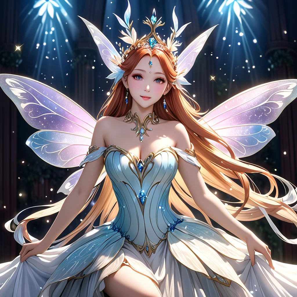 high quality、8k、Realistic、masterpiece、Very detailed、Cinema Lighting、dramatic、ether、elegant、Titania, Graceful fairy queen、I&#39;m very proud、Amazingly beautiful、Butterfly Wings、Ideal ratio、Intricate details、Fantasy、Mysterious、loose fitting dress、Ornate headdress、Shining Aura、Calm expression、Bright colors、Chiaroscuro lighting、Lush leaf background