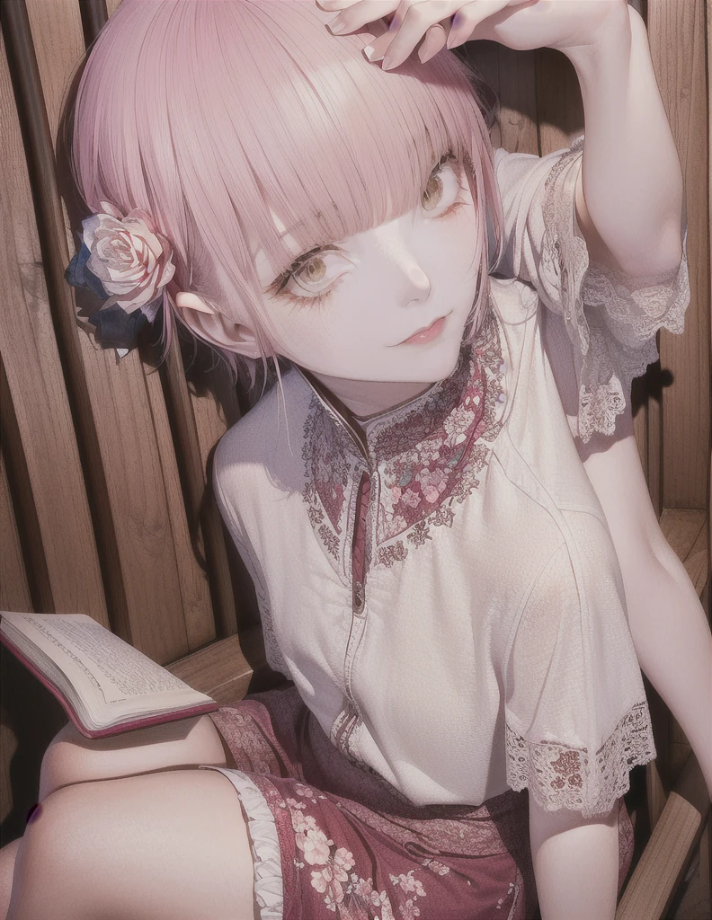 Sitting on a wooden chair, Floral wallpaper with background, No hair accessories, (((Accurate Arm))), Place a book on your lap