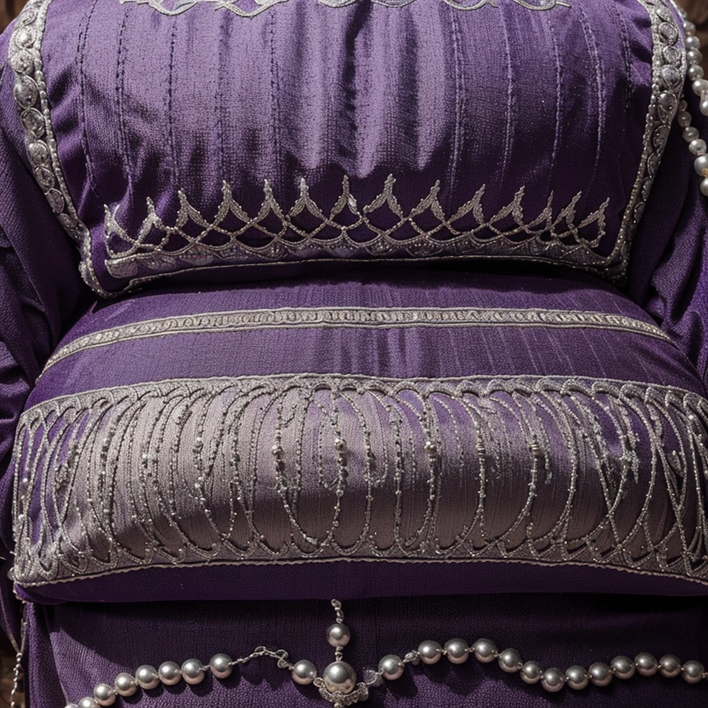 An embroidered 18-wheeler  with double stitching  and silver beads along the edge, on a purple pattern  in a Baroque style.