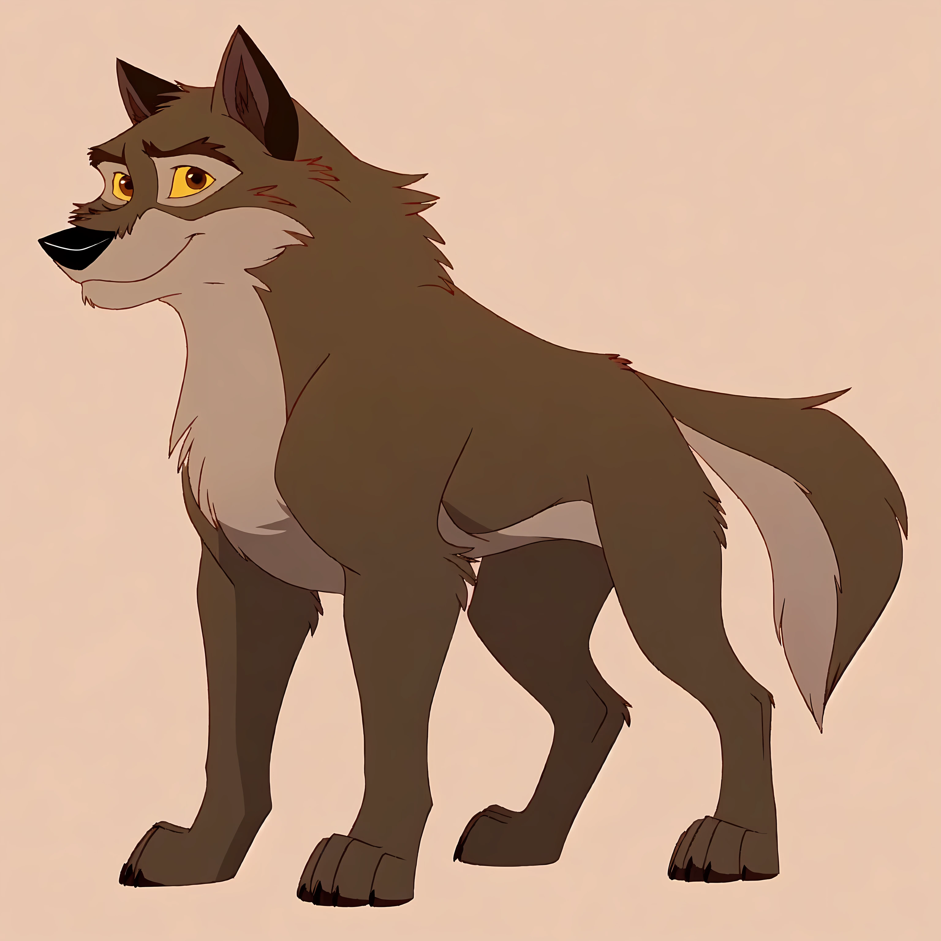 balto, full body, feral, detailed, detailed eyes, quadruped, very muscular:1.0, pectorals:1.2, biceps, wfa anatomy, black lineart, black outline, male, masculine, adult, wolf, wolf body, wolf tail, brown iris, yellow sclera, cartoon shading, cel shaded:1.0, white background, full body, paws