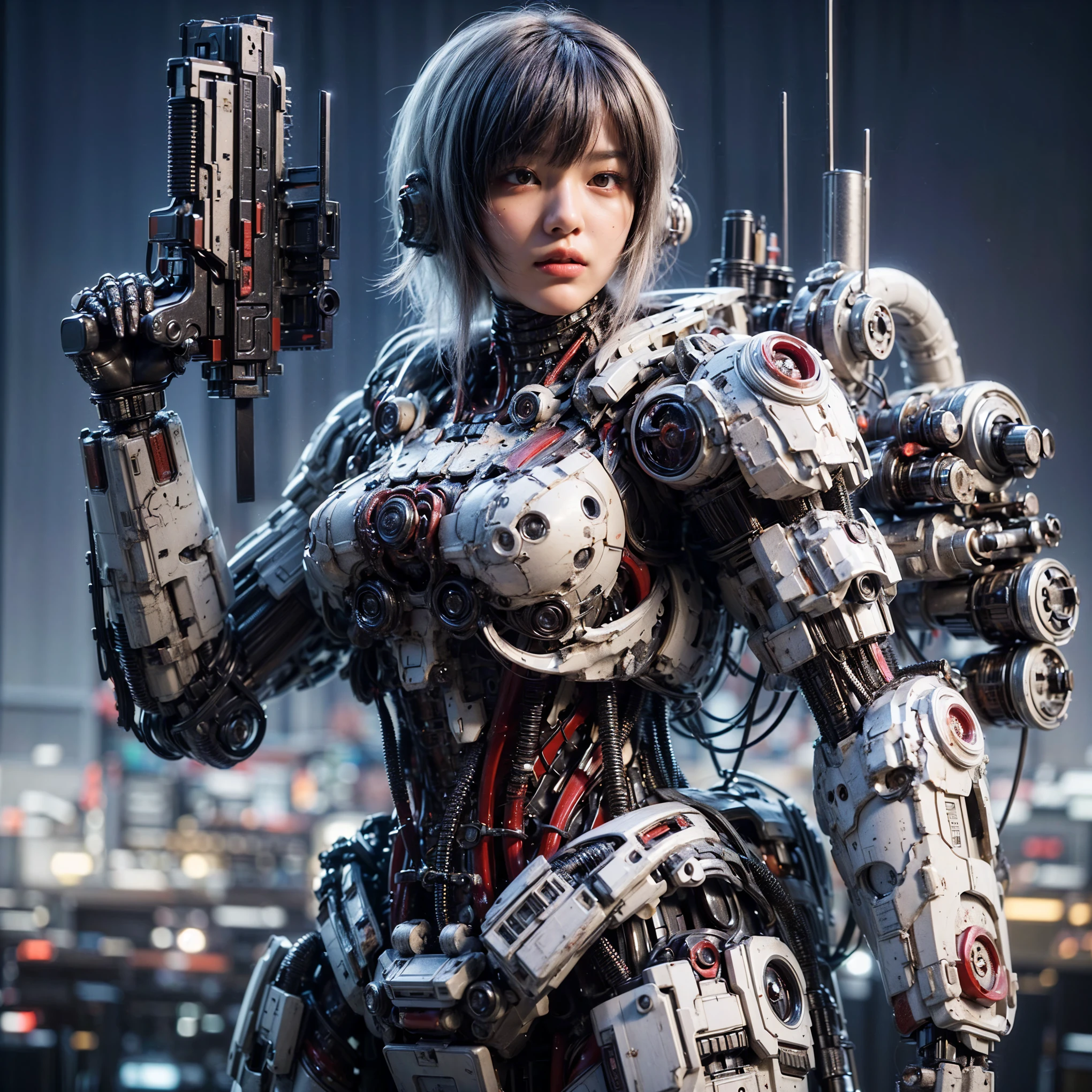 (top-quality:1.2, masterpiece), ultra high resolution, (Photorealsitic:1.4), (crab-base body), 1 Japanese female, extremely realistic face, (white hair), ((ultimately intricate all details)), (whole body picture), realistic shadow, octan render, glossy textures, character edge light, Details of complex ornaments, dystopia with a beautiful view at night, fighting pose