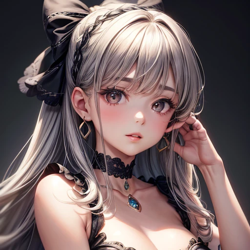 cute, ultra-detailed, figure, complicated, detailed, extremely detailed, detailed face, Soft Lighting, Soft Light, Soft Focus, Perfect Face, beautiful, Accurate anatomy, Exposure, 8k, 4K, (High resolution:1.1), highest quality, (masterpiece:1.3), One girl, alone, jewelry, Brown eyes, View Viewer, Earrings, Grey Hair, bangs, choker, Mouth closed, Portraiture, clock, hair ornaments, Simple Background, Gray background, Long Hair, Headrest, lips, hair bow, black choker, bow, eyelash