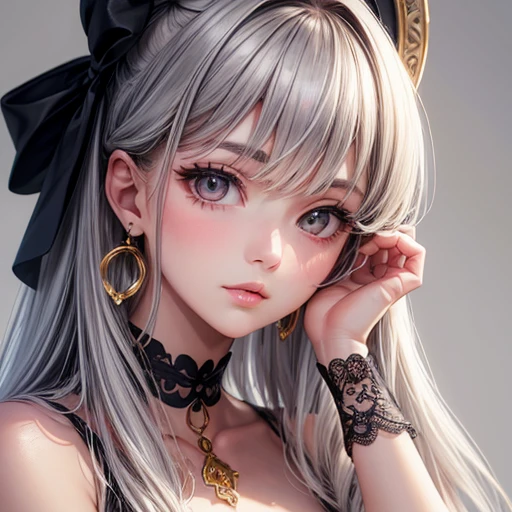 cute, ultra-detailed, figure, complicated, detailed, extremely detailed, detailed face, Soft Lighting, Soft Light, Soft Focus, Perfect Face, beautiful, Accurate anatomy, Exposure, 8k, 4K, (High resolution:1.1), highest quality, (masterpiece:1.3), One girl, alone, jewelry, Brown eyes, View Viewer, Earrings, Grey Hair, bangs, choker, Mouth closed, Portraiture, clock, hair ornaments, Simple Background, Gray background, Long Hair, Headrest, lips, hair bow, black choker, bow, eyelash