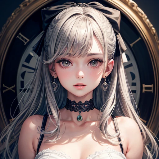 cute, ultra-detailed, figure, complicated, detailed, extremely detailed, detailed face, Soft Lighting, Soft Light, Soft Focus, Perfect Face, beautiful, Accurate anatomy, Exposure, 8k, 4K, (High resolution:1.1), highest quality, (masterpiece:1.3), One girl, alone, jewelry, Brown eyes, View Viewer, Earrings, Grey Hair, bangs, choker, Mouth closed, Portraiture, clock, hair ornaments, Simple Background, Gray background, Long Hair, Headrest, lips, hair bow, black choker, bow, eyelash