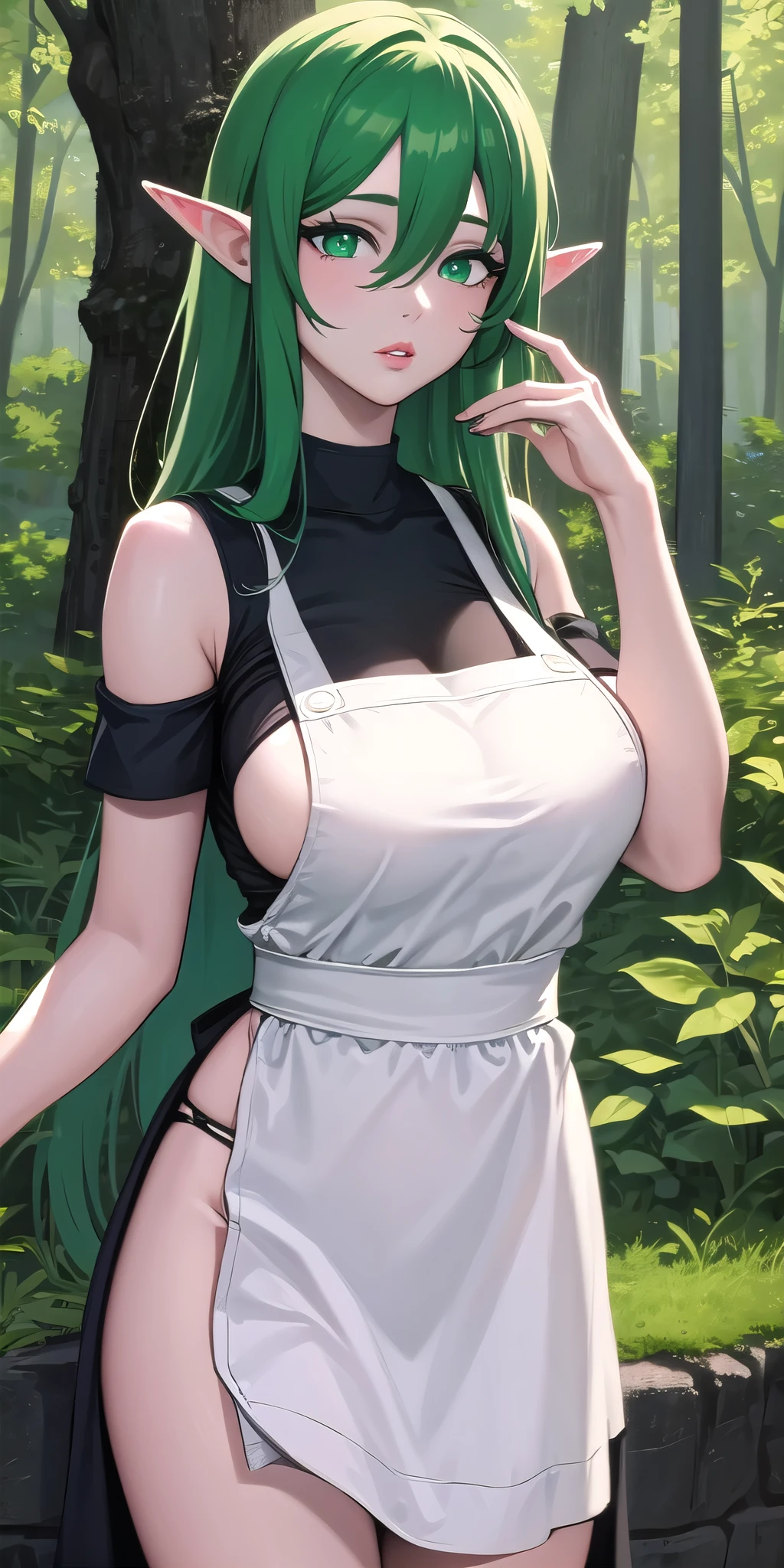 masterpiece:1.5, best quality:1.5, aesthetic, 1girl,cinematic lighting, sharp focus,large breasts , mature female, 16k, glowing eyes, detailed 4k eyes,seduction,sexy lips, parted lips,detailed lips,
red lips, high detailed background,green eyes, ((big green eyes)), detailed face,
flora_top,forest,tree, sunlight, sun,
elf ears,long hair,green eyes,apron,dress, green hair,hair between eyes,bare shoulders,short sleeves,
