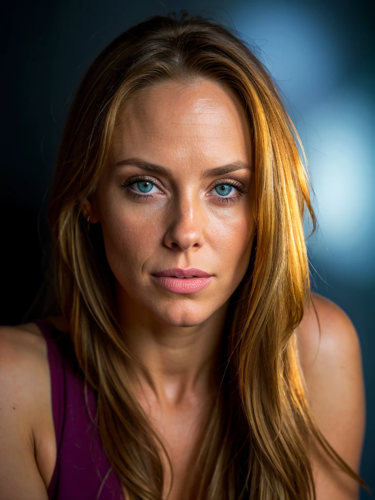 (best quality, masterpiece, highest detailed), (photorealistic:1.2), raw photo, portrait of a Nicole Aniston, (solid black background), looking at camera, (vibrant color), (intricate  details), exposure blend, bokeh, dim light, (hdr:1.4), high contrast, (muted colors, dim colors, soothing tones:1.3), low saturation, morbid