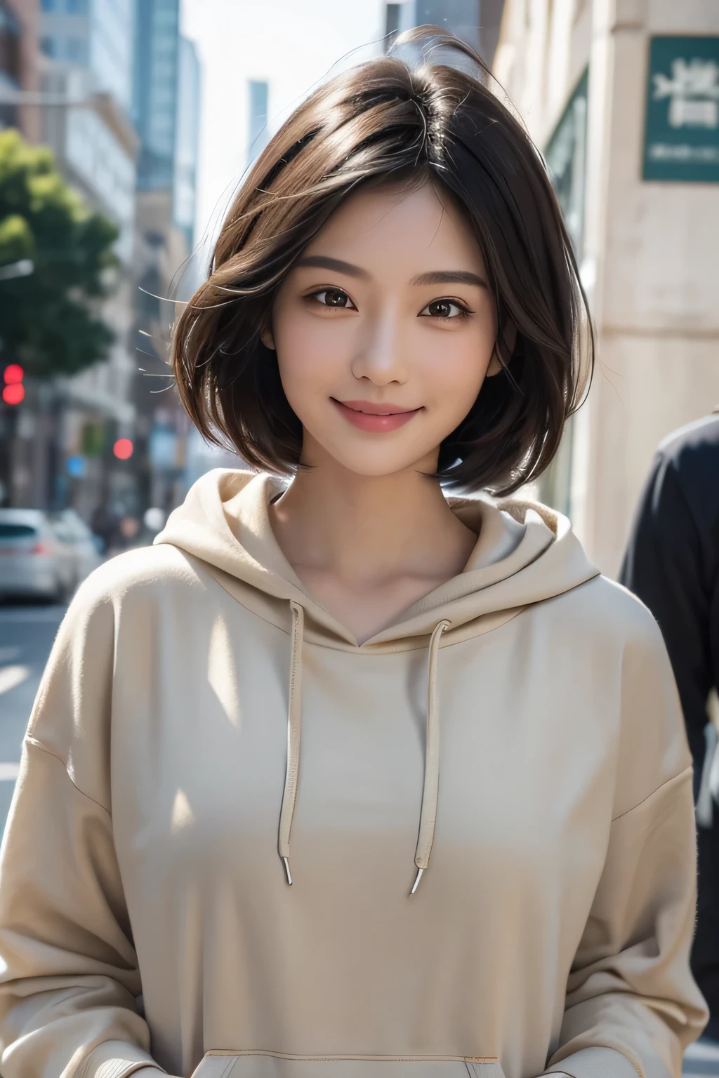 (masterpiece:1.3), (8K, Realistic, Raw photo, highest quality: 1.4), (1 Girl), Beautiful Face, (Realistic Face), (Black Hair,short hair), Beautiful Hairstyles, Brown Eyes,Realistic eyes, Detailed and beautiful eyes, (Realistic Skin), Beautiful Skin, (hoodie), Disorganized, Charm, Ultra-high resolution, Surreal, Very detailed, Golden Ratio,smile,Date,A big smile,in motion