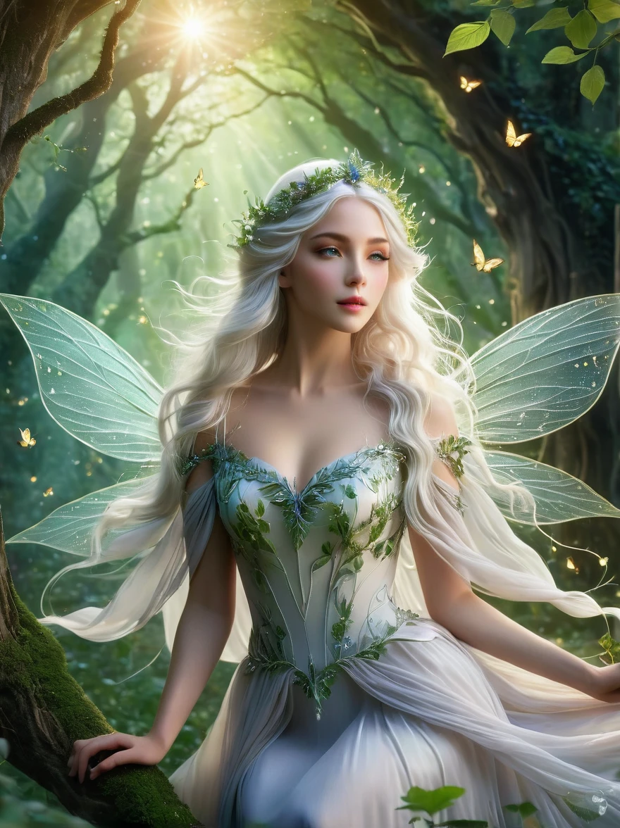 1sbsl1, ethereal elf princess,extremely detailed eyes and face,long eyelashes,beautiful detailed lips, flowing white hair, wearing a stunning flowing dress made of delicate leaves and vines,standing in a luminous enchanted forest, glowing magical aura, intricate floral patterns, surrounded by ancient trees,soft dreamy lighting,mystical atmosphere, rays of sunlight filtering through the dense canopy,vivid colors,tiny glowing fireflies, eco-friendly attire,slender elegant frame