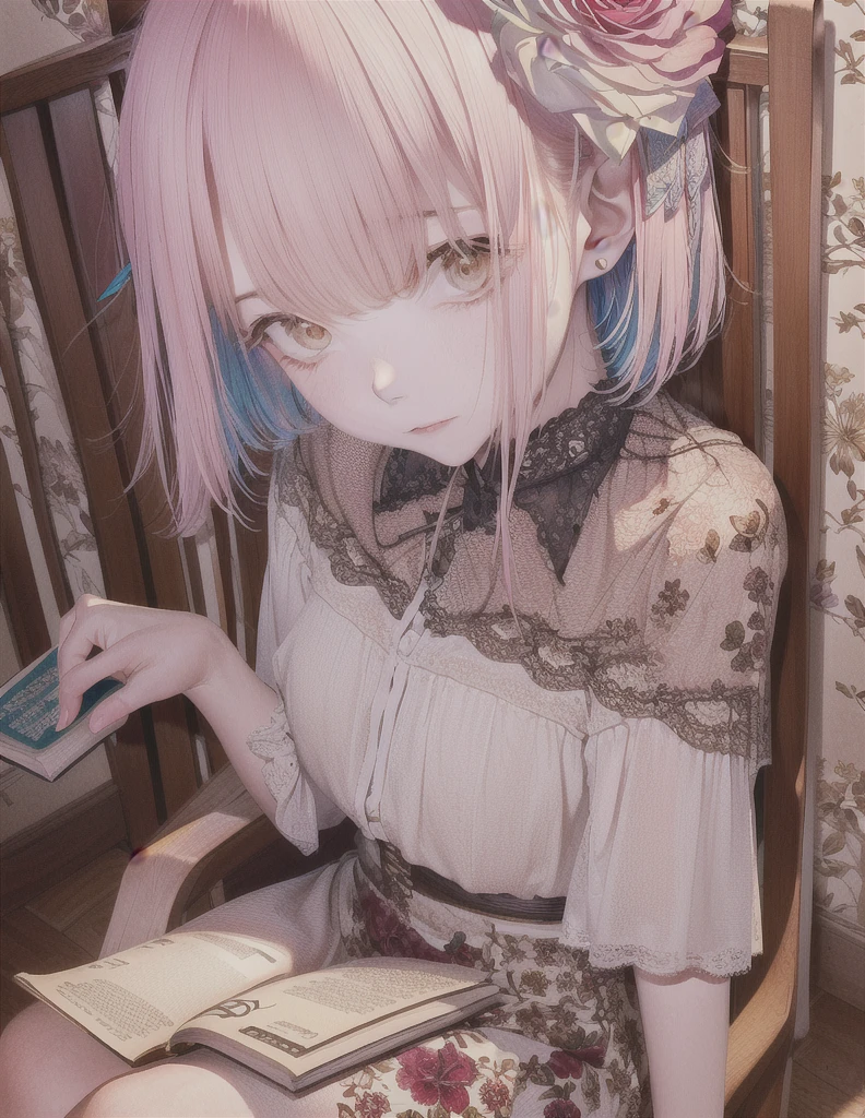 Sitting on a wooden chair, Floral wallpaper with background, No hair accessories, (((Accurate Arm))), Place a book on your lap
