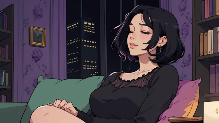 Beautiful woman in her 30s with short black hair is sitting on the sofa with her eyes closed. Looking up, eyes closed, LOFI girl, alone in the room, blouse, cozy wallpaper, big cushion, bookshelf, beautiful flowers, relaxing mood, night core, cozy, wide glass window with skyscrapers, outside view at night, only five fingers, dark room, purple wall, Well-proportioned face