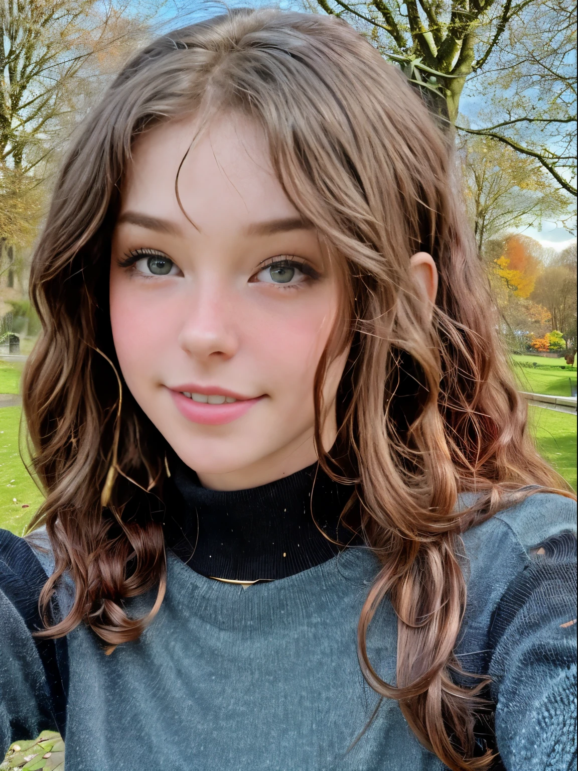 belledel taking a selfie, 16-year-old, full body, detailed eyes, (loose curly hair), (dark hair), (small breasts), skinny, slim body, small hips, detailed clothes, detailed body, high quality photo, red sweater, black flared leggings, walking througha park in  amsterdam, perfect eyes, perfect smile,