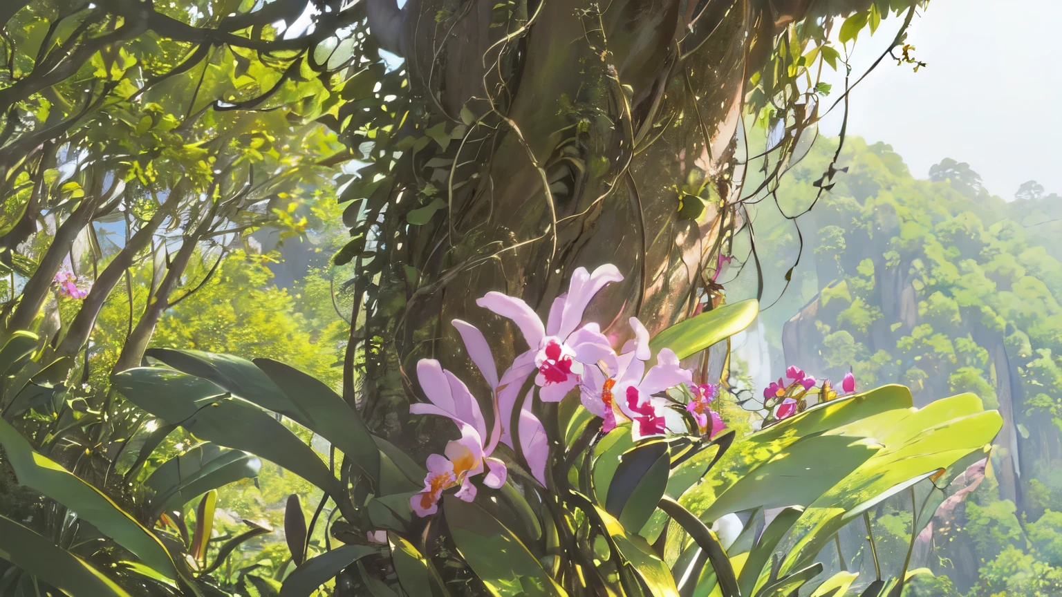 (Cattleya, alone, Three Flowers, close, whole body, full bloom, nature, Habitat:1.4 )、(木の枝に着生したfull bloomのCattleya:1.4)、(no humans:1.4)、Soft Focus、Blur the background、(highest quality、High resolution、masterpiece)、4K Anime Art、