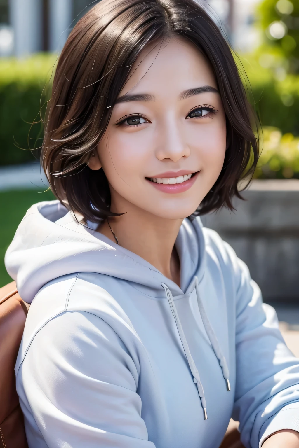(masterpiece:1.3), (8K, Realistic, Raw photo, highest quality: 1.4), (1 Girl), Beautiful Face, (Realistic Face), (Black Hair,short hair), Beautiful Hairstyles, Brown Eyes,Realistic eyes, Detailed and beautiful eyes, (Realistic Skin), Beautiful Skin, (hoodie), Disorganized, Charm, Ultra-high resolution, Surreal, Very detailed, Golden Ratio,smile,Date,A big smile,in motion
