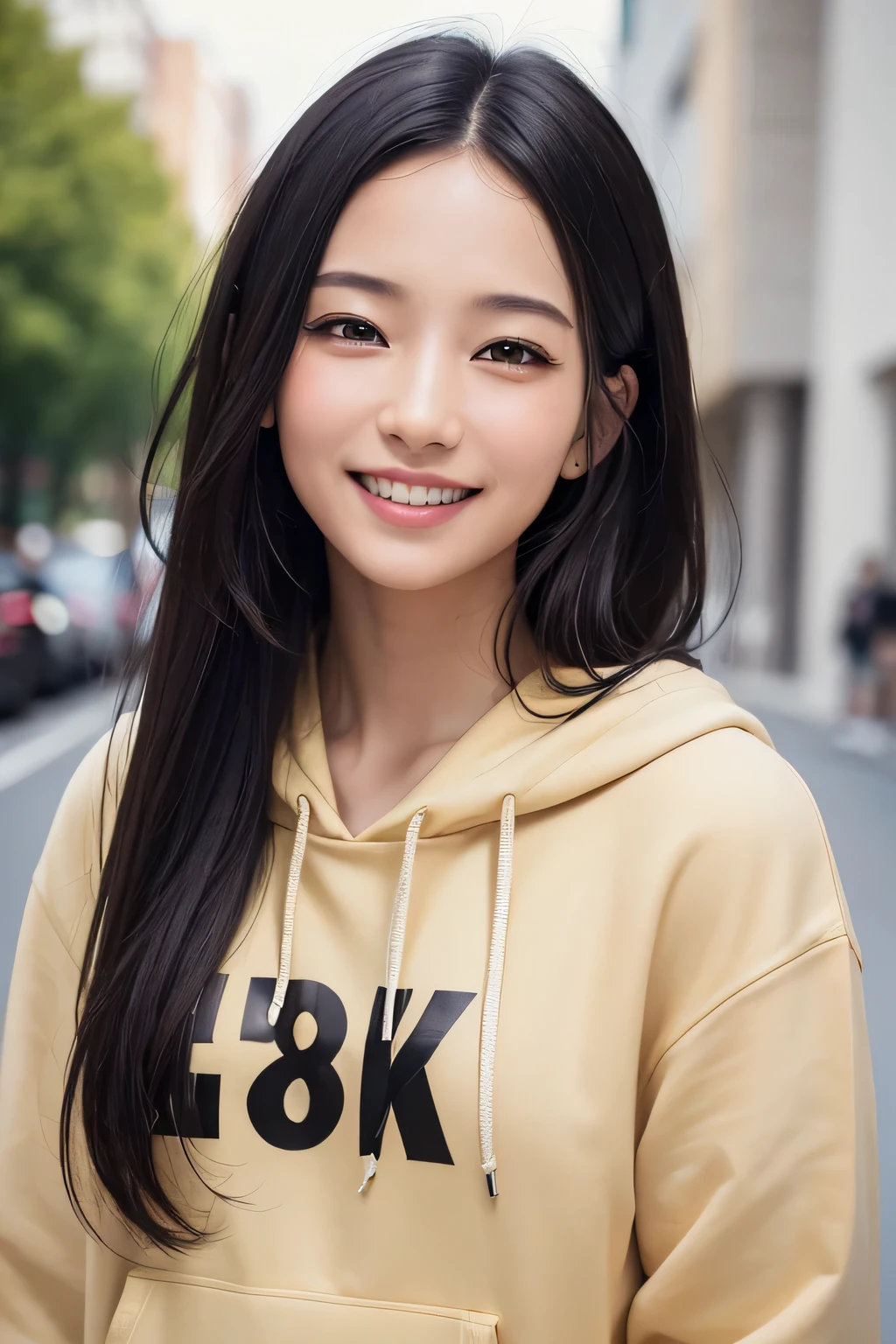 (masterpiece:1.3), (8K, Realistic, Raw photo, highest quality: 1.4), (1 Girl), Beautiful Face, (Realistic Face), (Black Hair,Long Hair), Beautiful Hairstyles, Brown Eyes,Realistic eyes, Detailed and beautiful eyes, (Realistic Skin), Beautiful Skin, (hoodie), Disorganized, Charm, Ultra-high resolution, Surreal, Very detailed, Golden Ratio,smile,Date,A big smile,in motion