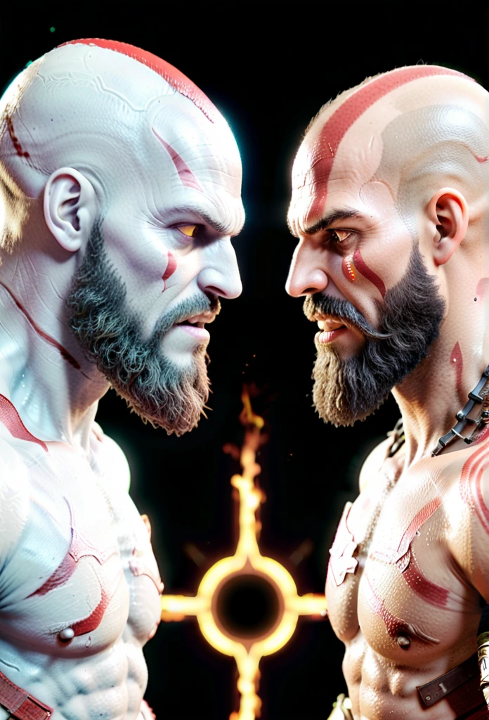 A highly detailed and realistic portrait of the character Kratos from God of War facing another character, a stylized and animated Kratos figure from the video game, dramatic lighting, cinematic composition, hyper-realistic, unreal engine, volumetric lighting, 8k, photorealistic, intricate details, sharp focus, masterpiece