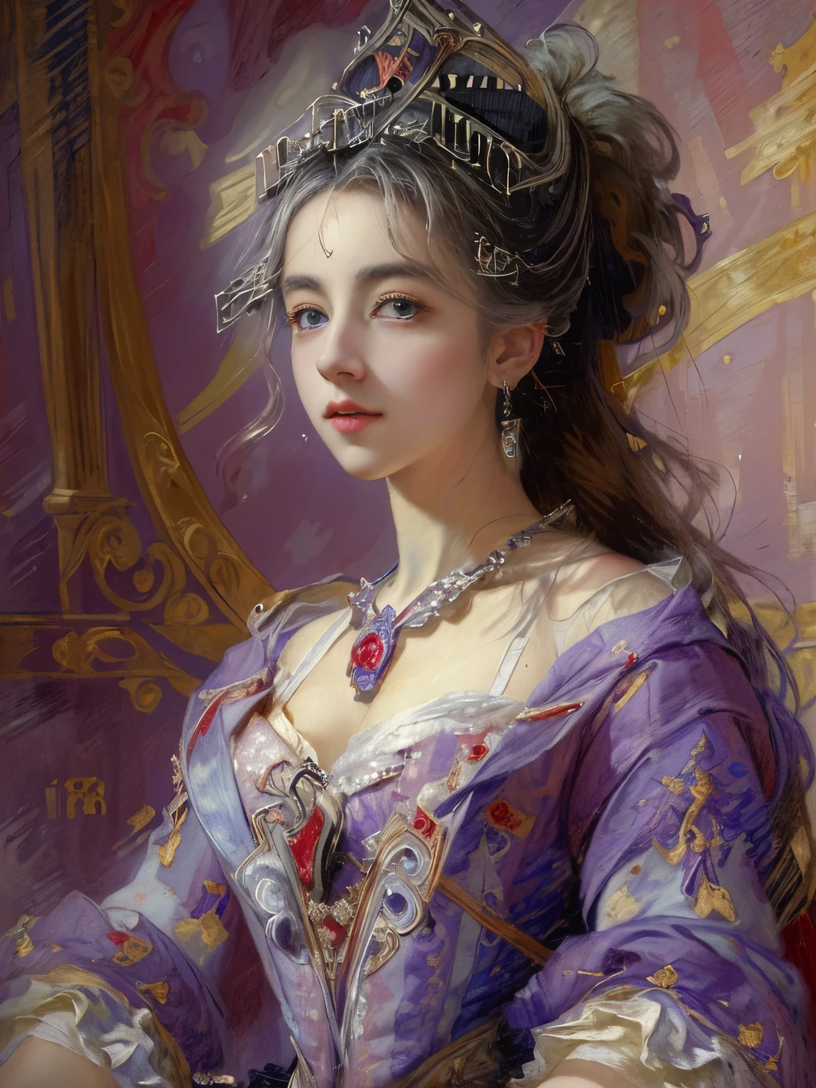 Beautiful Girl, 18 years old with slim body, (noble's daughter in 17th century:1.6), (Influence of impressionist painters, monet's style painting:1.4), white silver Messy Hair, beautiful Perfect Face, Soft Skin, Perfect Face, Big firm Breasts, hard nipples, Sexy, Sharp Eyes, Break, dynamic sexy poses, sweat, wearing dark red long frilly dress, lace fabric long cape, jewelries, cleavage is exposed, Add light purple and purple, Add Light Red, Intricate details, Splash screen, 8K resolution, masterpiece, (vienna in 18th century, opera house:1.8), (Mysterious, Gorgeous, noble:1.3), Sharp Eyes, Break