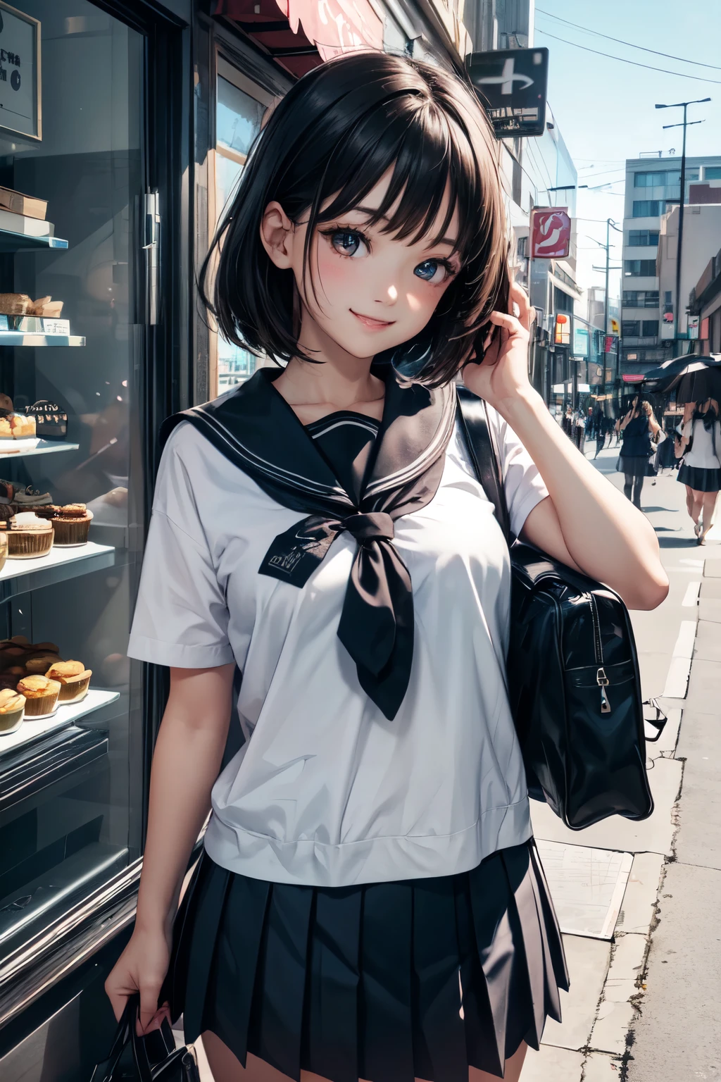 very cute and beautiful girl,(highly detailed beautiful face and eyes),(smile:1.2),blush,looking at viewer, black hair,serafuku,(pleated navyblue mini skirt),standing,holding school bag, downtown street in front of cake shop show window, (best quality,masterpiece),absurdres,highres,ultra-detailed,extremely detailed,32k,8k resolution, intricate details,cinematic scene,detailed background,solo,dynamic angle,