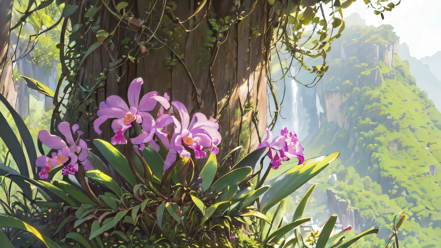 (Cattleya, alone, Three Flowers, close, whole body, full bloom, nature, Habitat:1.4 )、(木の枝に着生したfull bloomのCattleya:1.4)、(no humans:1.4)、Soft Focus、Blur the background、(highest quality、High resolution、masterpiece)、4K Anime Art、