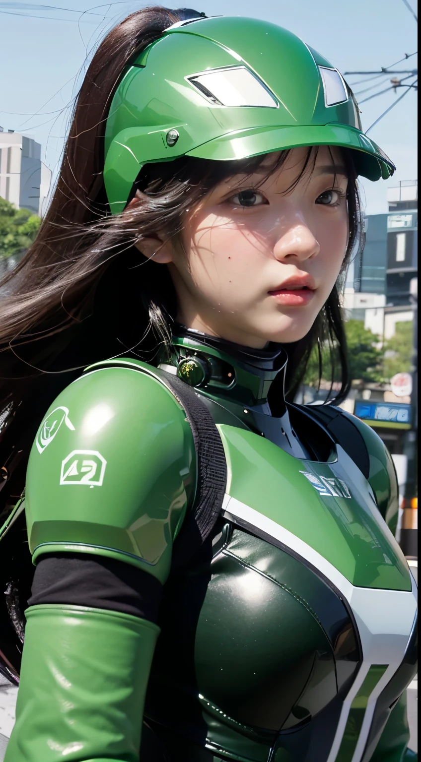 Highest image quality, Excellent details, ultra high resolution, (realism: 1.4), best illustrations, Offer details, Highly concentrated 1girl, Has a delicate and beautiful face, Wearing black and green mecha, Wearing a mecha helmet, holding direction controller, riding a motorcycle, The background is a high-tech light scene of a futuristic city.