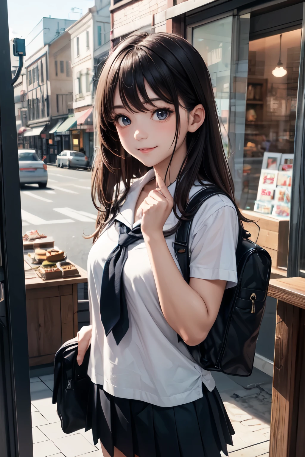 very cute and beautiful girl,(highly detailed beautiful face and eyes),(smile:1.2),blush,looking at viewer, black hair,serafuku,(pleated navyblue mini skirt),standing,holding school bag, downtown street in front of cake shop show window, (best quality,masterpiece),absurdres,highres,ultra-detailed,extremely detailed,32k,8k resolution, intricate details,cinematic scene,detailed background,solo,dynamic angle,