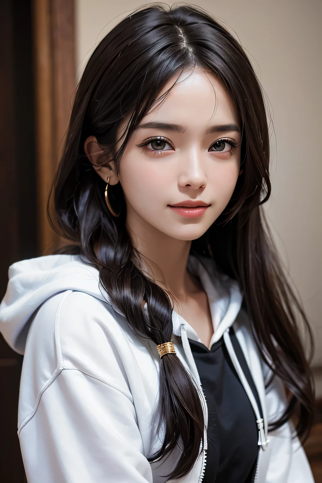 (masterpiece:1.3), (8K, Realistic, Raw photo, highest quality: 1.4), (1 Girl), Beautiful Face, (Realistic Face), (Black Hair,Long Hair), Beautiful Hairstyles, Brown Eyes,Realistic eyes, Detailed and beautiful eyes, (Realistic Skin), Beautiful Skin, (hoodie), Disorganized, Charm, Ultra-high resolution, Surreal, Very detailed, Golden Ratio,smile,Date,A big smile,in motion