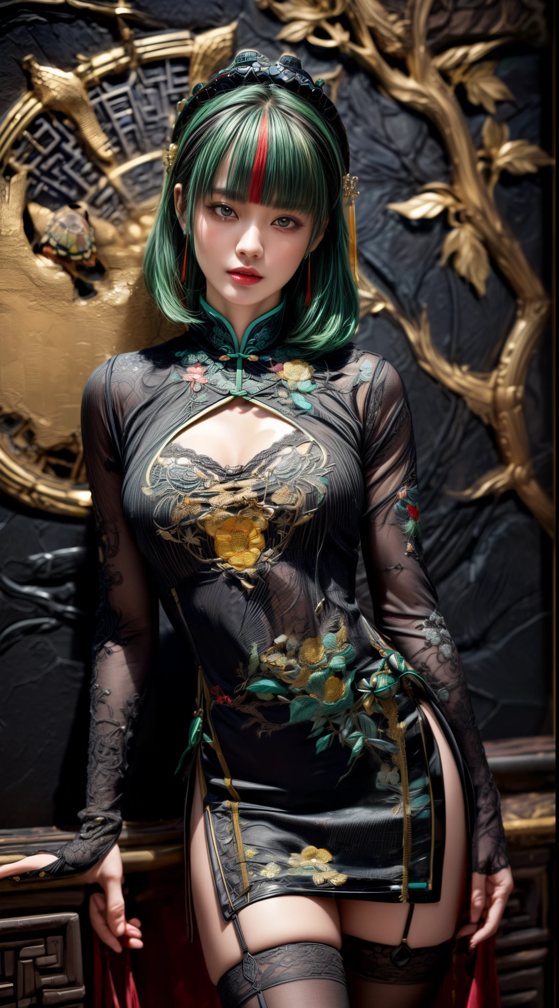 Mature Woman、(Green Hair)、((Black Hair))、(((Two-tone hair)))、(((A Chinese dress with intricate embroidery of black turtles)))、((((A wall with a picture of a black turtle))))、(((Detailed design)))、Slender women、Cute Woman、 8K Ultra HD,Detailed face、Delicate texture, Long Hair、(((Blunt bangs)))、(thigh length stockings)、mini skirt、Chinese atmosphere、((Delicate photo)),(Girl Astepeace RAW Photo Details:1.25), (highest quality:1.6), (超A high resolution:1.5), (Realistic:1.75), 8K resolution, Canon EOS R5, 50mm, Absurd, Very detailed,Cinema Lighting
