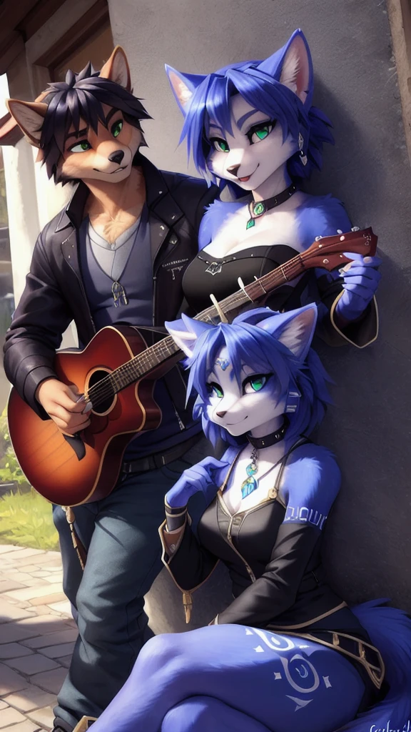 A beautiful and detailed (sweet portrait) von ((Krystal)), Sternenfuchs Krystal, Schlank, liebenswert, green eyes, medium breasts, (((Lange blaue Haare 1.3))), ((schwarze haarspitzen)), Dekollete, Grinsen, hoch schauen,, anthro, Pelzig, Hochgeladen E621, detailed flauschige fur, (von Fluff-Kevlar, Bayard Wu, Personalami, Pino Daeni), detailliertes Gesicht, (flauschige), 1 girl, Allein, wears a Gakuran , befindet sich in einer schule, spielt gitarre
