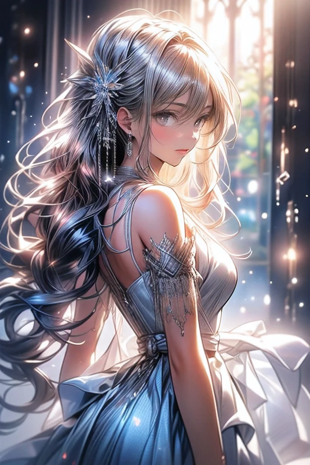 masterpiece: 1.2, highres, highest quality, 16k, beautiful detailed, ultra-realistic, photorealistic: 1.37, beautiful bride with holding roseis bouquet: 1.3, wedding scene at a Church by the Sea, complex and Beautiful Stained Glass, pure white transparent wedding dress (bare shoulders, high slit, short hem front, long him behind), flowing hair, flowing dress, beautiful delicate (hair, eyes, pupils, lips, thighs), middle breasts, elegant posing