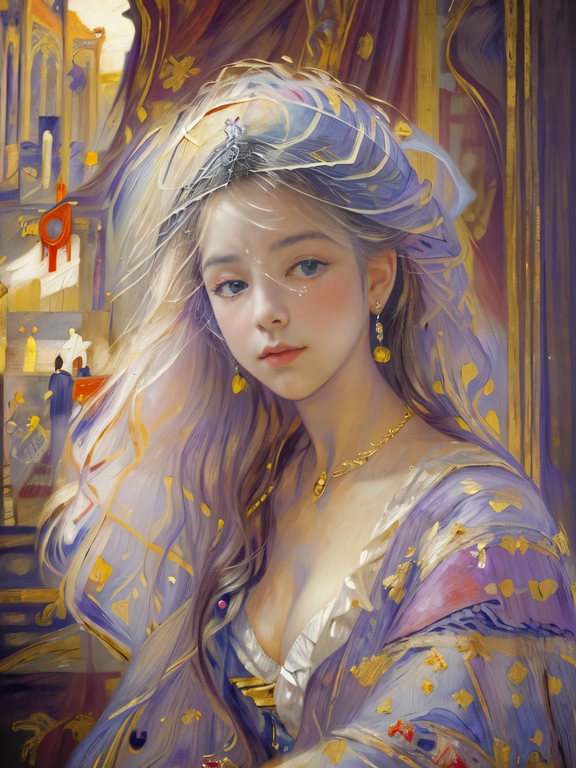 Beautiful Girl, 18 years old with slim body, (noble's daughter in 17th century:1.6), (Influence of impressionist painters, Renoir's style painting:1.4), white silver Messy Hair, beautiful Perfect Face, Soft Skin, Perfect Face, Big firm Breasts, hard nipples, Sexy, Sharp Eyes, Break, dynamic sexy poses, sweat, wearing dark red long frilly dress, lace fabric long cape, jewelries, cleavage is exposed, Add light purple and purple, Add Light Red, Intricate details, Splash screen, 8K resolution, masterpiece, (vienna in 18th century, opera house:1.8), (Mysterious, Gorgeous, noble:1.3), Sharp Eyes, Break