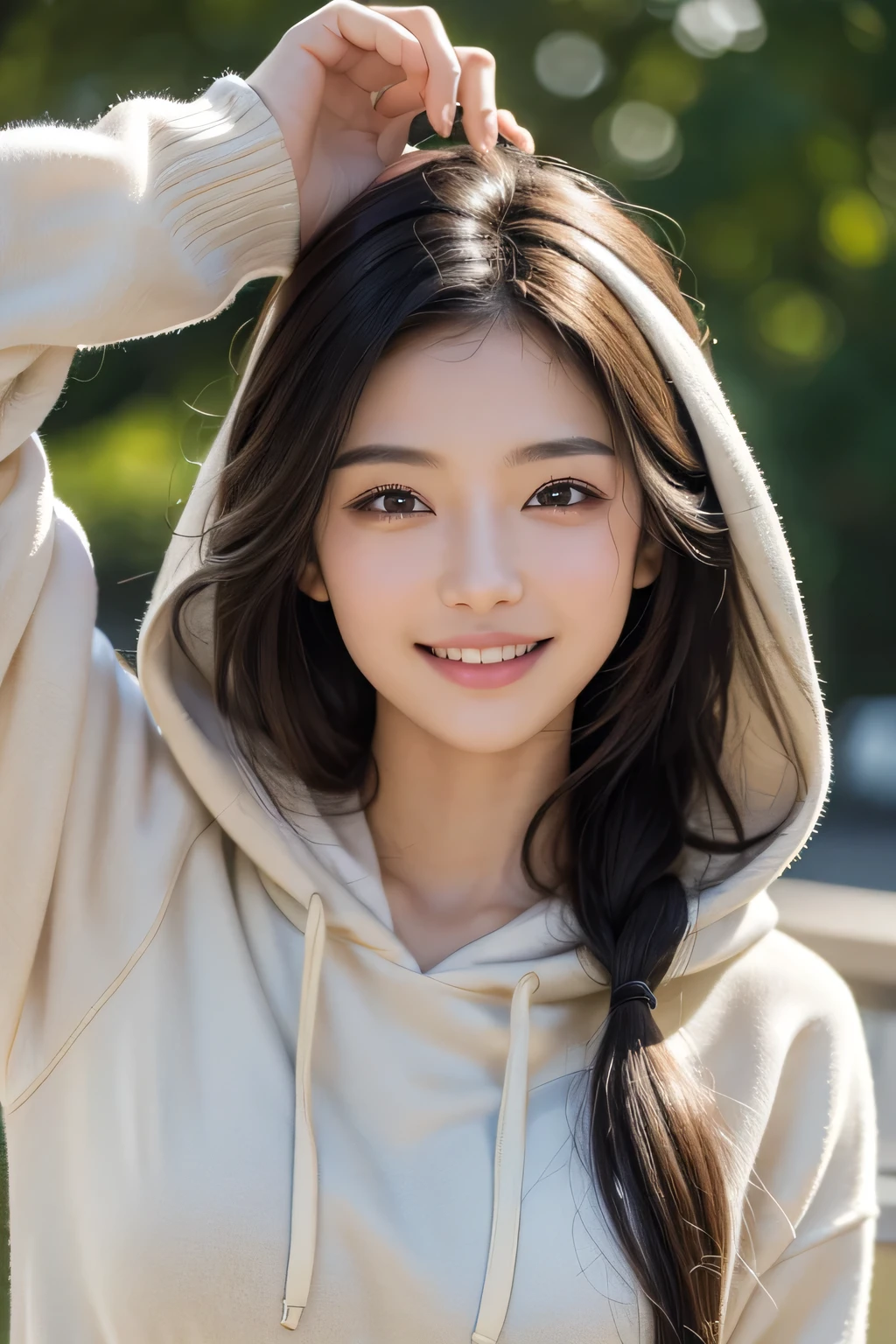 (masterpiece:1.3), (8K, Realistic, Raw photo, highest quality: 1.4), (1 Girl), Beautiful Face, (Realistic Face), (Black Hair,Long Hair), Beautiful Hairstyles, Brown Eyes,Realistic eyes, Detailed and beautiful eyes, (Realistic Skin), Beautiful Skin, (hoodie), Disorganized, Charm, Ultra-high resolution, Surreal, Very detailed, Golden Ratio,smile,Date,A big smile,in motion
