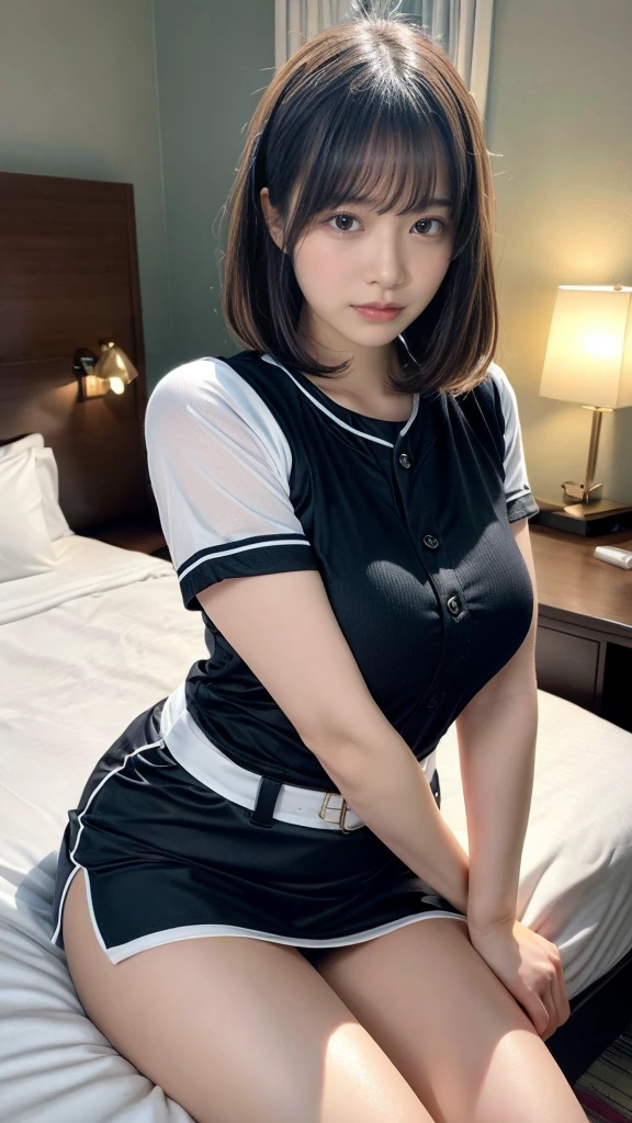 masterpiece, best quality, illustration, Super detailed, fine details, High resolution, 8K,wall paper, perfect dynamic composition,(Details High quality, realistic depiction of eyes:1.3), from side, short bob hair, hotel room, (Sexy Baseball Uniforms), a miniskirt, Toned buttocks, huge breasts, puffiness of the chest, Don't expose it,black hair color, Big Natural Color Lip, perfect body shape, crying a little、cold gaze, Harajuku style、20 year old girl、cute type、ta、beautiful legs, full body photo、focus on crotch, hposing Gravure Idol, woman on top, straddling, sittings