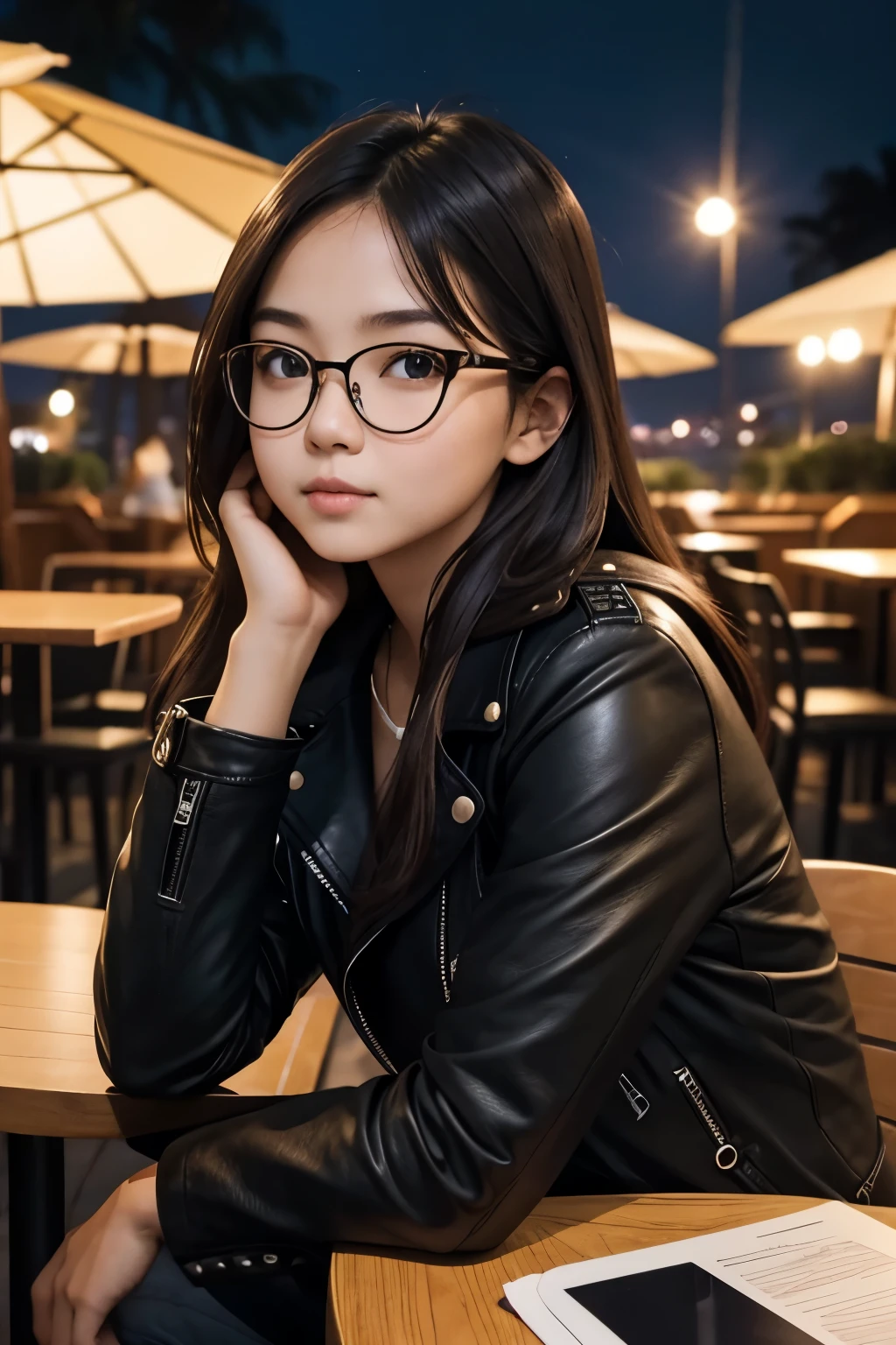 detailed face of photo. 20 year old white skin slim body Indonesian girl with a sweet face, round face chubby face and long brown wavy hair, round glasses wearing black leather jacket sitting in outdoor cafe at night