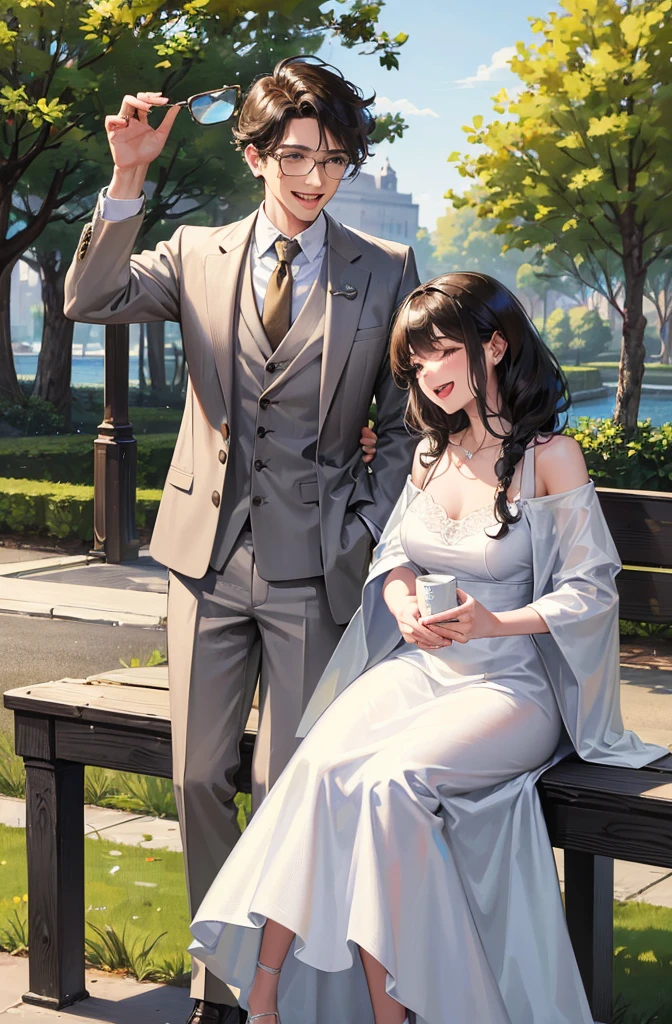 (masterpiece:1.2), high quality, high resolution, a 30-year-old man with his first girlfriend, black curly hair, wearing glasses, suit without a jacket, woman in a white dress, laughing and talking happily in a park, joyful atmosphere, bright lighting, cheerful expressions, detailed, intricate, beautiful lighting, natural background, fun and livel