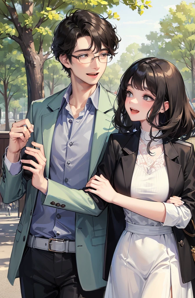 (masterpiece:1.2), high quality, high resolution, a 30-year-old man with his first girlfriend, black curly hair, wearing glasses, suit without a jacket, woman in a white dress, laughing and talking happily in a park, joyful atmosphere, bright lighting, cheerful expressions, detailed, intricate, beautiful lighting, natural background, fun and livel
