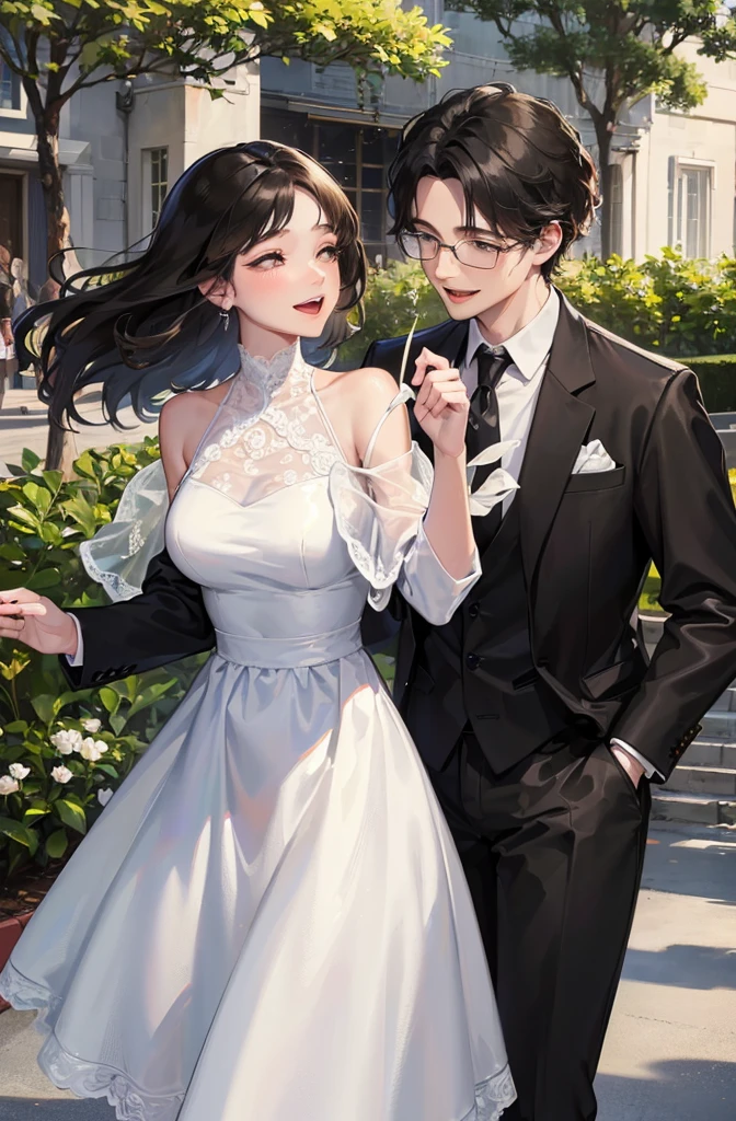 (masterpiece:1.2), high quality, high resolution, a 30-year-old man with his first girlfriend, black curly hair, wearing glasses, suit without a jacket, woman in a white dress, laughing and talking happily in a park, joyful atmosphere, bright lighting, cheerful expressions, detailed, intricate, beautiful lighting, natural background, fun and livel