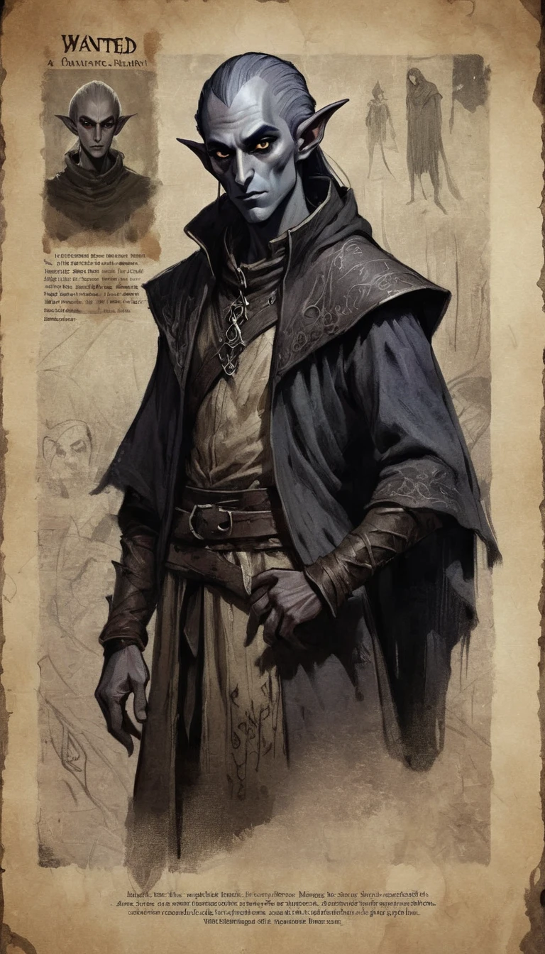 a dark elf, wanted poster, simple sketch on parchment, dark ink art, detailed facial features, intricate clothing, dramatic lighting, gritty textures, muted color palette, moody atmosphere, high quality, cinematic, masterpiece
