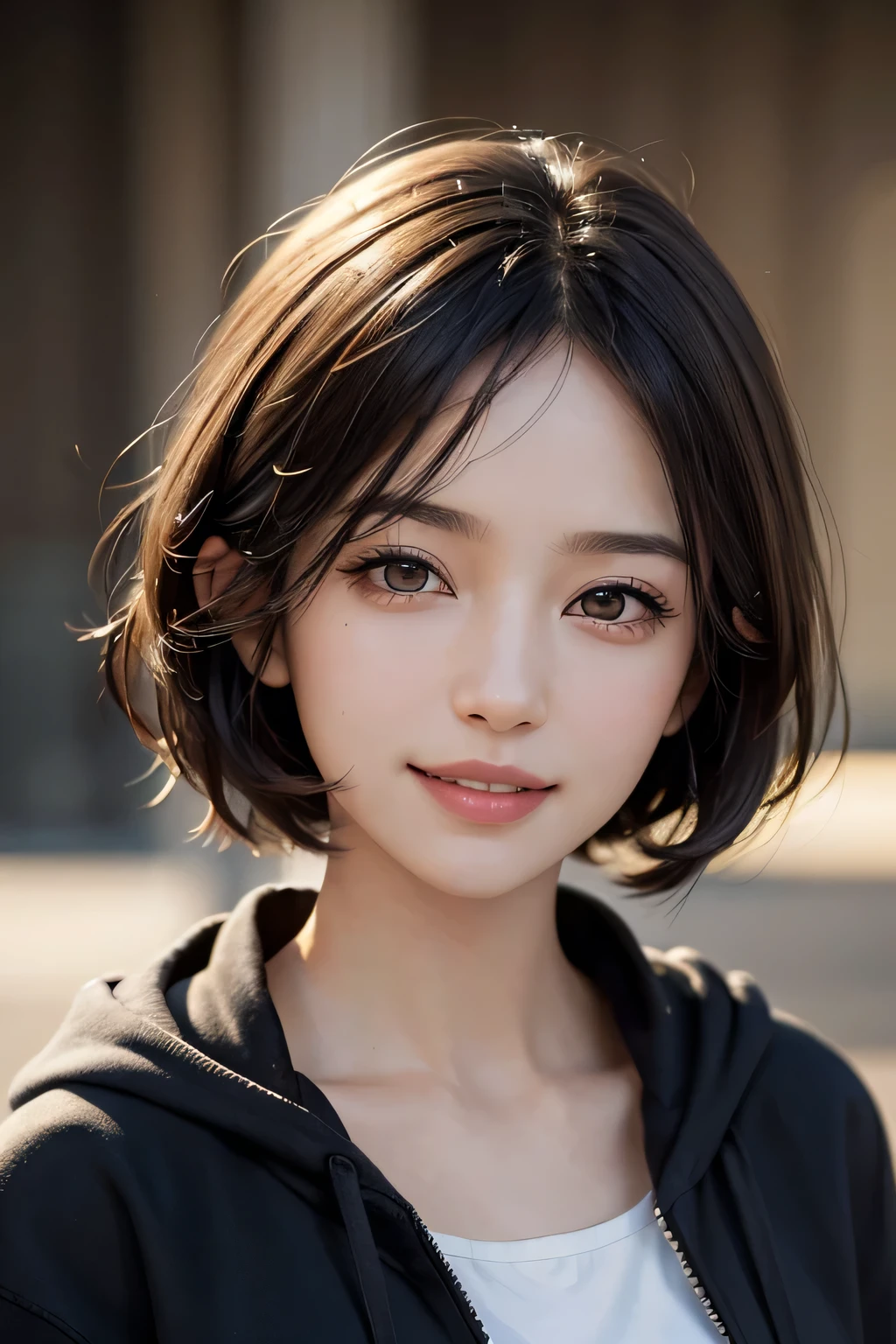 (masterpiece:1.3), (8K, Realistic, Raw photo, highest quality: 1.4), (1 Girl), Beautiful Face, (Realistic Face), (Black Hair,short hair), Beautiful Hairstyles, Brown Eyes,Realistic eyes, Detailed and beautiful eyes, (Realistic Skin), Beautiful Skin, (hoodie), Disorganized, Charm, Ultra-high resolution, Surreal, Very detailed, Golden Ratio,smile,Date,A big smile,in motion