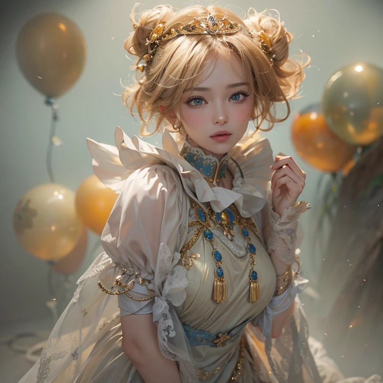 (masterpiece:1.3), (8k, Realistic, RAW Photos, Best image quality: 1.4), Fair-skinned fairy woman、short hair、Cleavage:2.0、Highly detailed face、Attention to detail、double eyelid、Sharp focus:1.2、Beautiful woman:1.4、highest quality、masterpiece、Ultra-high resolution、(Realistic:1.4)、Highly detailed and professionally lit smiles、カーネ・グリフィスを彷彿andさせる非常に詳細な線画, (Donald Trump'clown:1.7), (balloon:1.4), With the power of Vadim Kassim'大胆な色彩and質感, Light and airy, Like the works of Carl Larsson, dark background, dark, evil, fire, パスカル・ブランシュ風の超Realisticなキャラクター, pastel, Grace, Draandic lighting, Expressive camera angles, and, Concept Art, amusement park, masterpiece