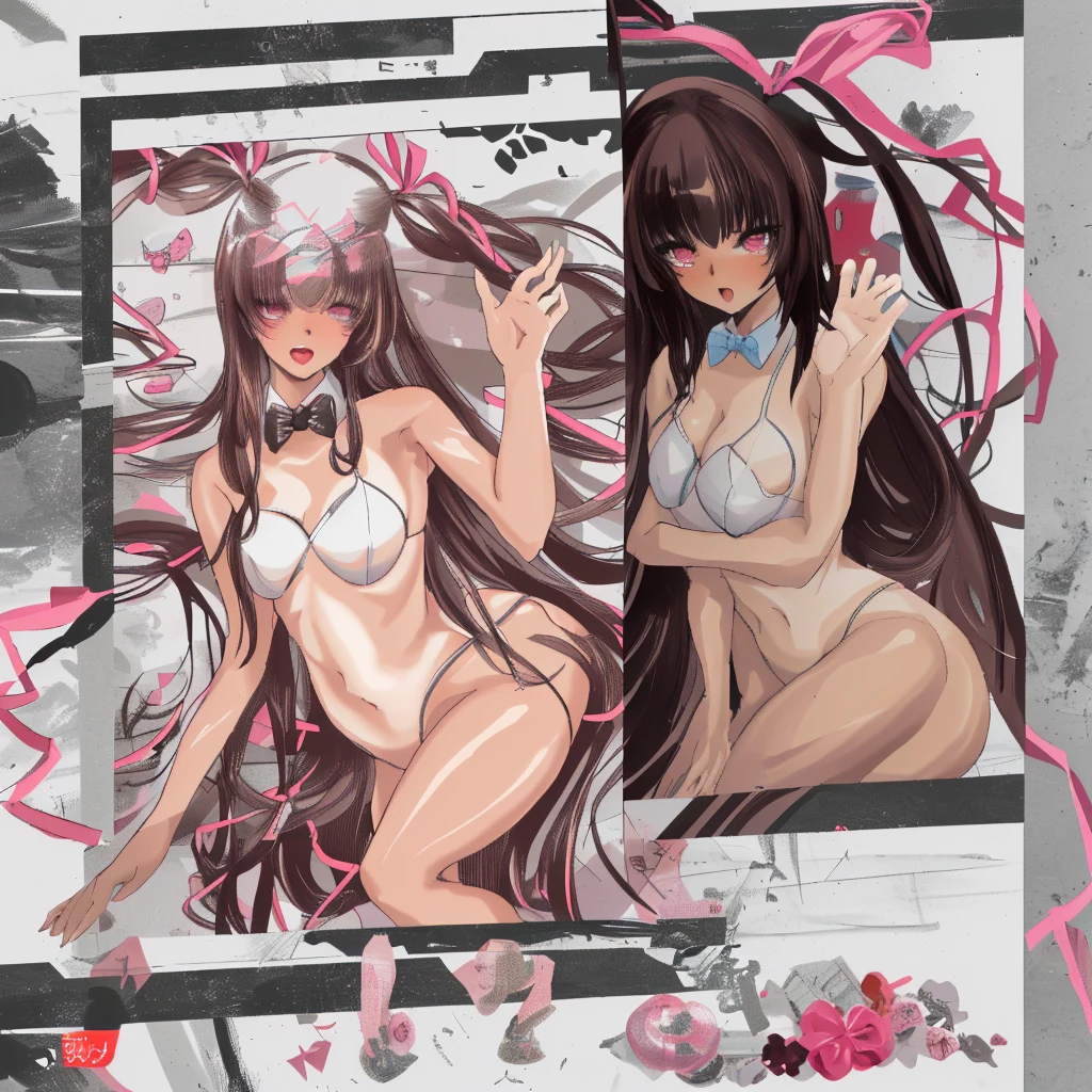 joven, 34-year-old woman, moderate length brown hair with long messy bangs, ojos rojos y un busto gigantesco, long bunny-themed ribbon in hair, de espalda, cuerpo completo, mostrando el culo al espectador
