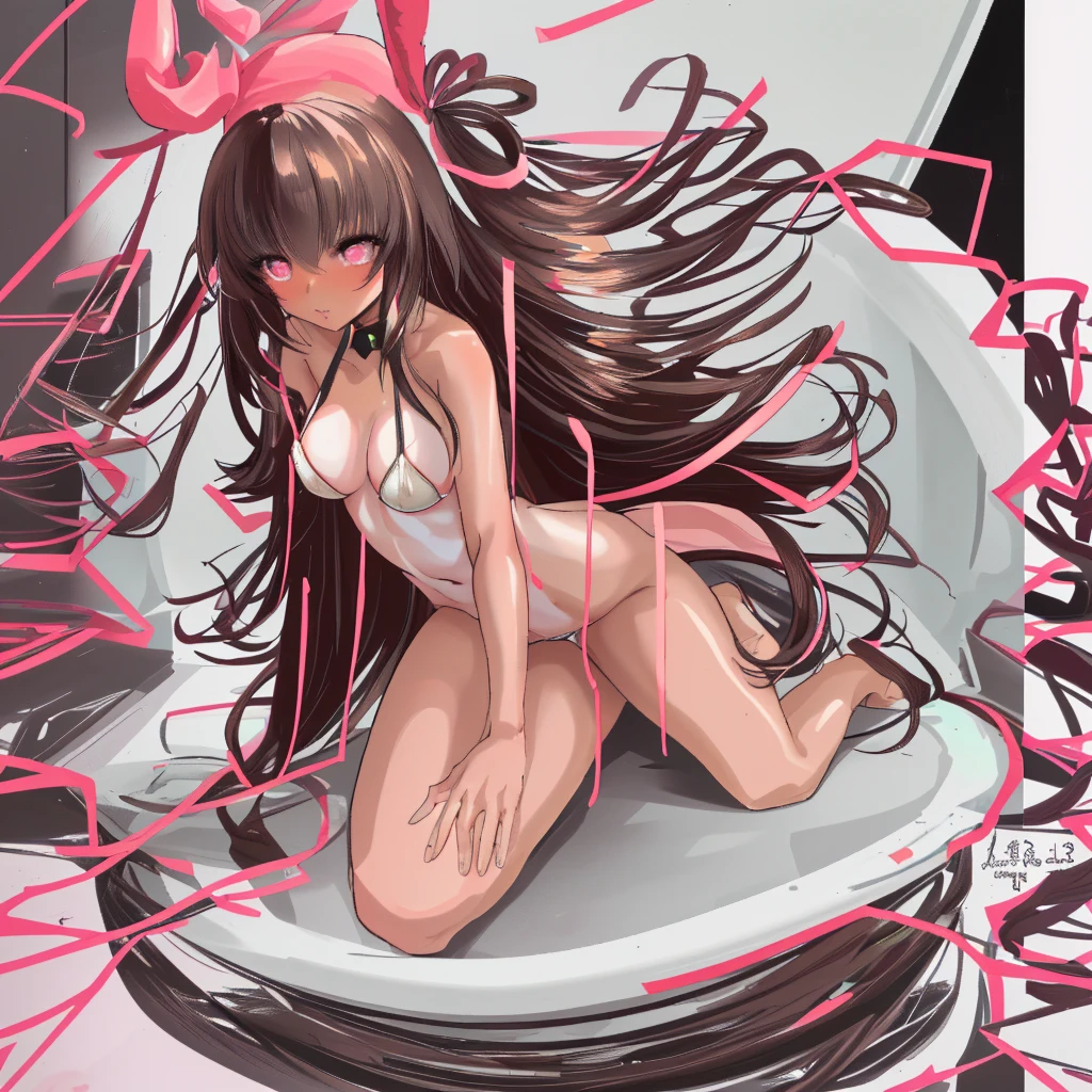 joven, 34-year-old woman, moderate length brown hair with long messy bangs, ojos rojos y un busto gigantesco, long bunny-themed ribbon in hair, de espalda, cuerpo completo, mostrando el culo al espectador