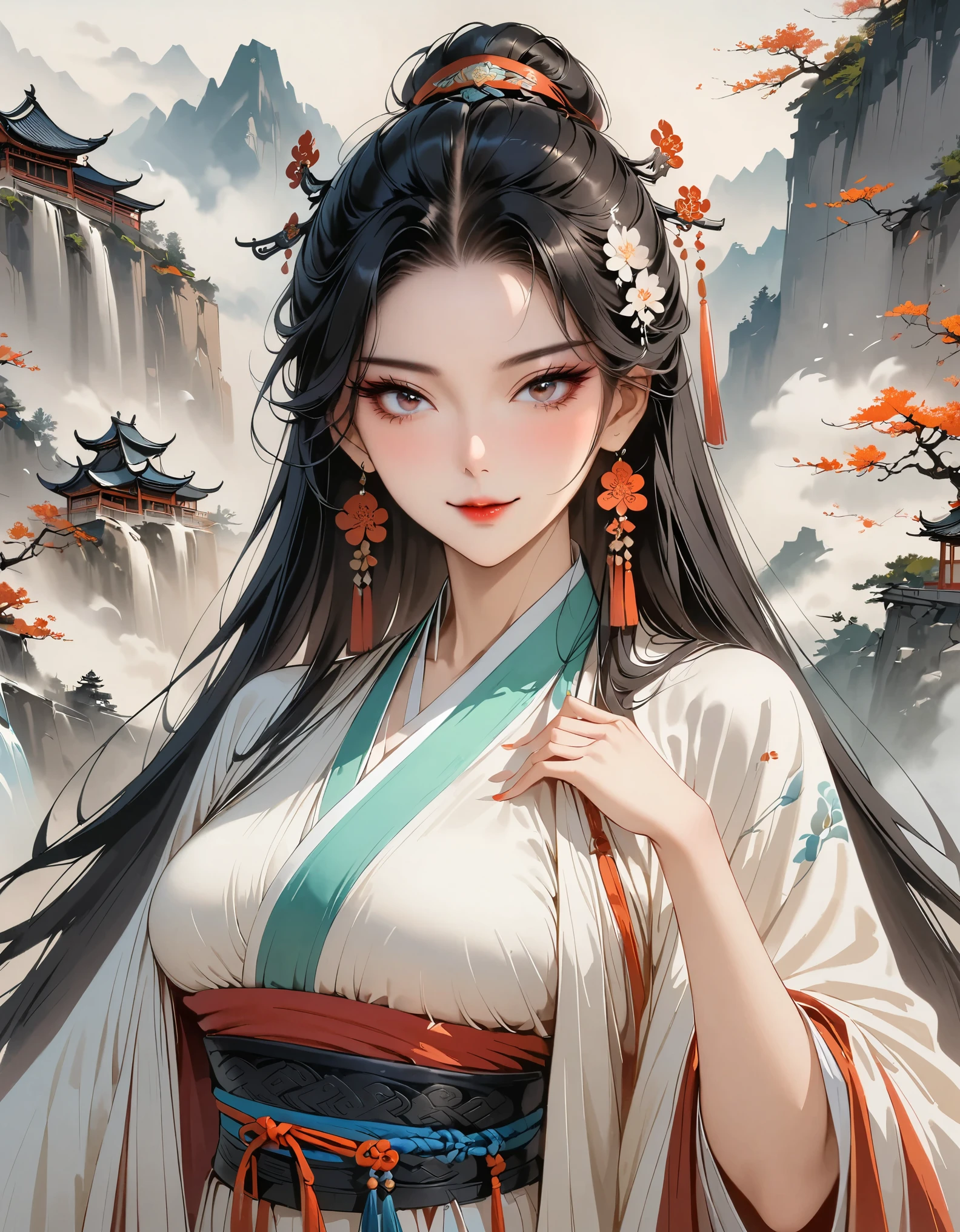 ((4k,masterpiece,best quality)),1girl,charming,Mature, Hanfu,Ink Bismuth, traditional Chinese painting, Dress conservatively, Smile, Maximum resolution,Pretty Face,Hairpin,Black Hair,Long legs,