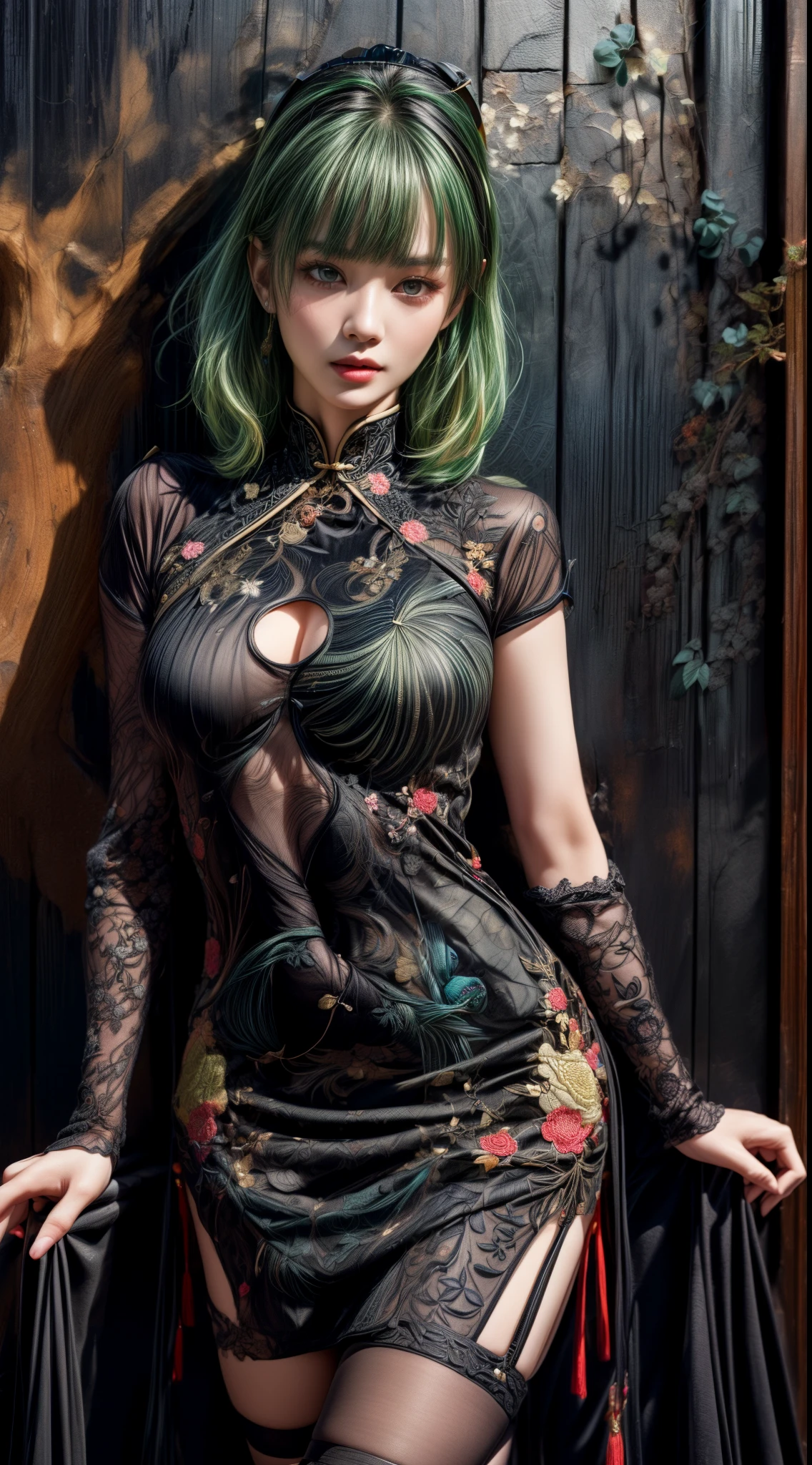 Mature Woman、(Green Hair)、((Black Hair))、(((Two-tone hair)))、((A Chinese dress with intricate embroidery of black turtles))、((((A wall with a picture of a black turtle))))、(((Detailed design)))、Slender women、Cute Woman、 8K Ultra HD,Detailed face、Delicate texture, Long Hair、(((Blunt bangs)))、(thigh length stockings)、mini skirt、Chinese atmosphere、((Delicate photo)),(Girl Astepeace RAW Photo Details:1.25), (highest quality:1.6), (超A high resolution:1.5), (Realistic:1.75), 8K resolution, Canon EOS R5, 50mm, Absurd, Very detailed,Cinema Lighting